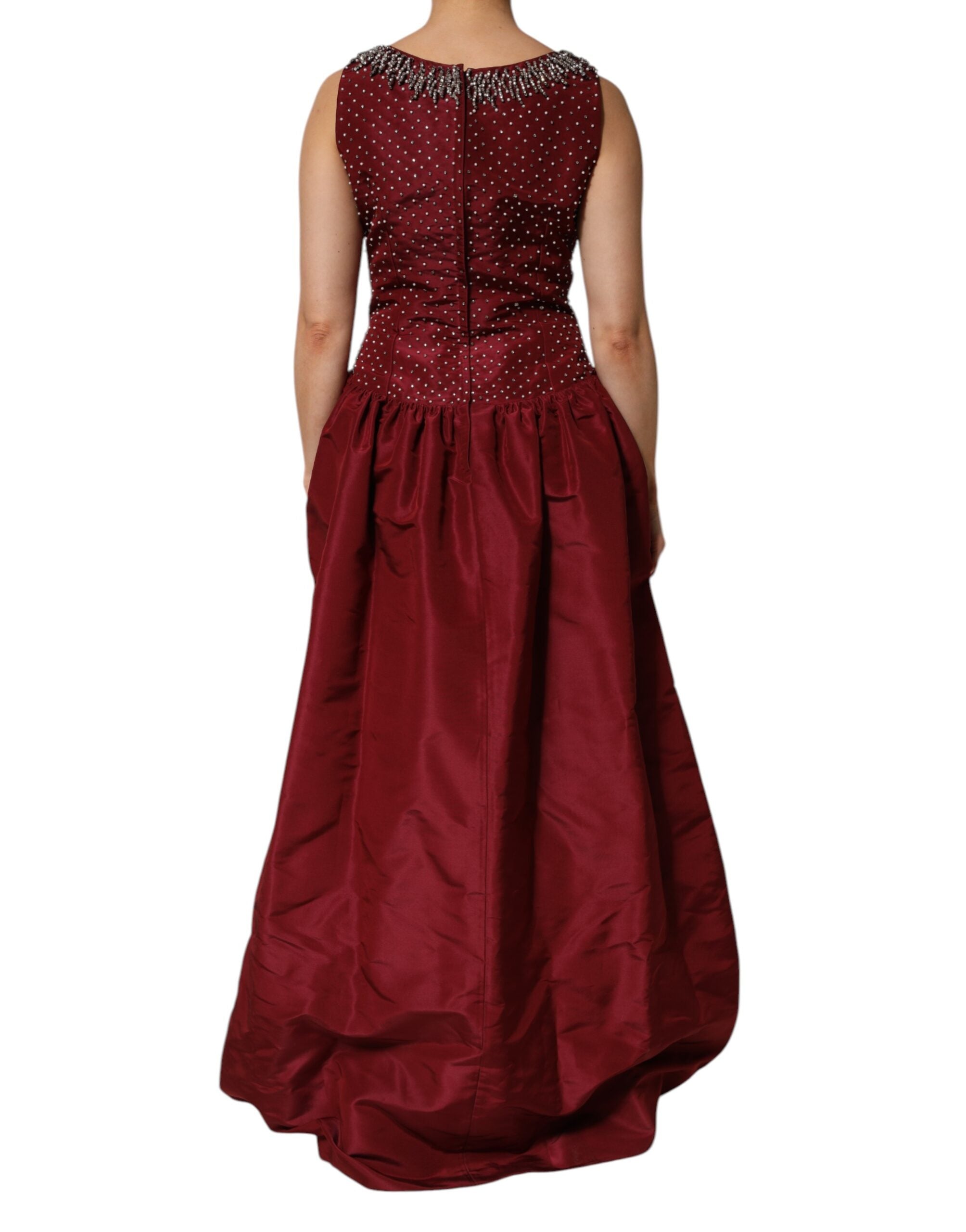 Burgundy Silk Beaded Evening Gown Dress
