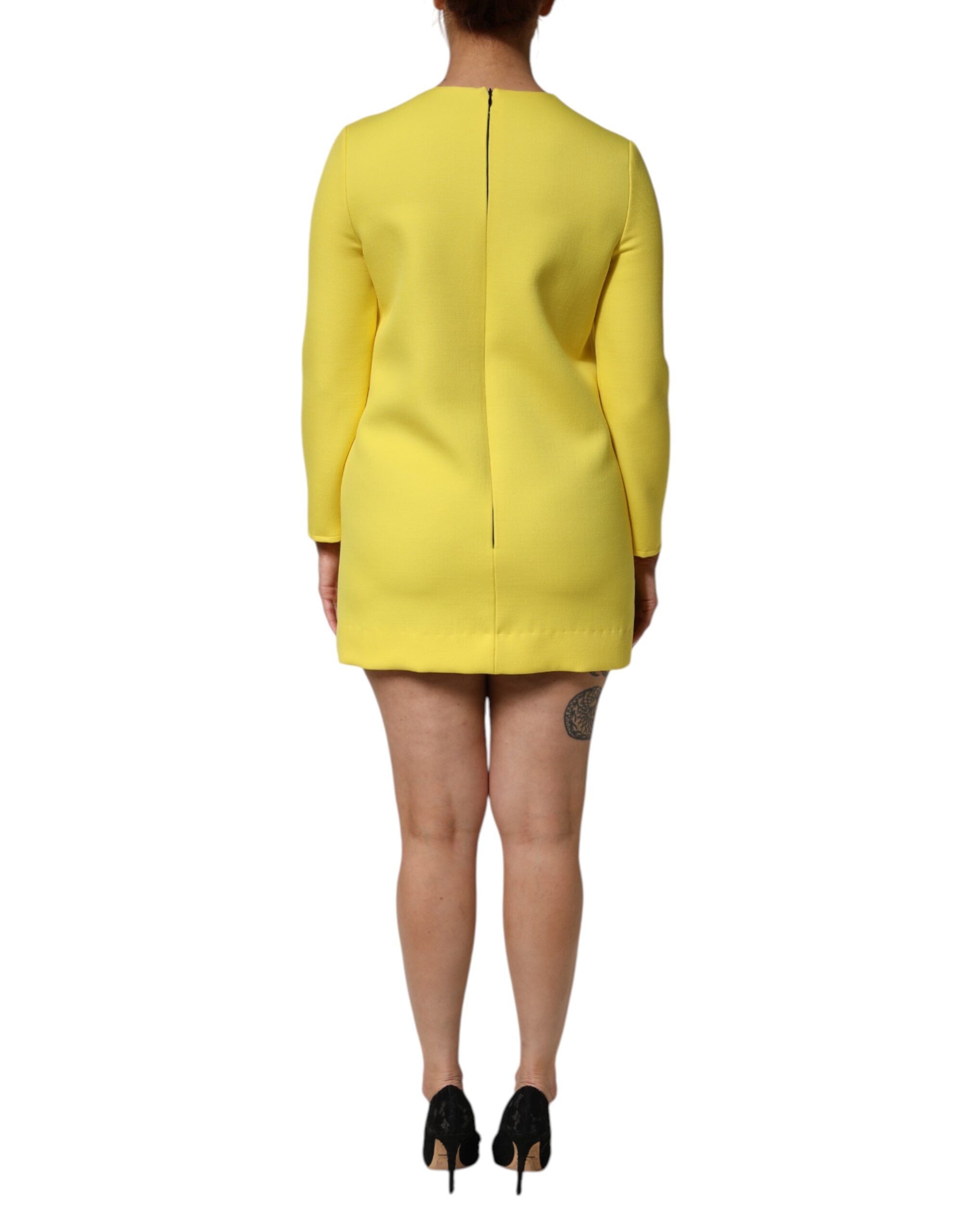 Yellow Viscose Acetate Mini Long Sleeve Dress