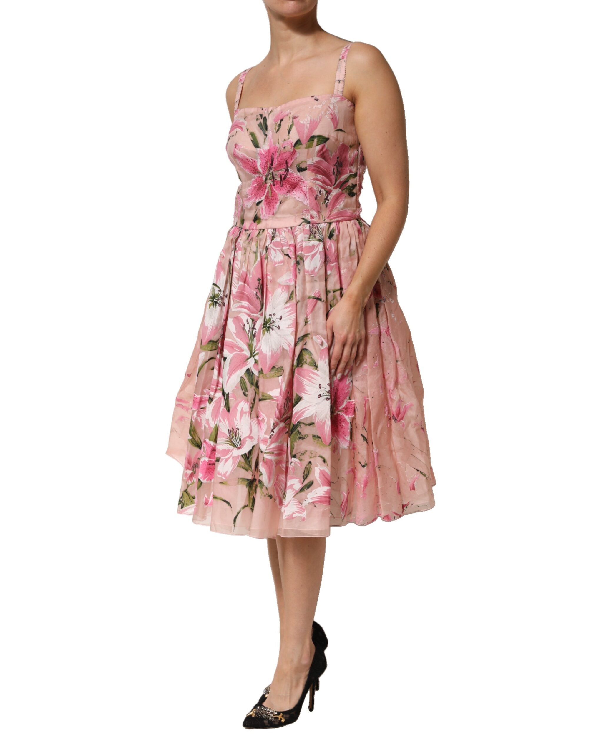 Pink Cotton Floral Pleated Sleeveless Dress