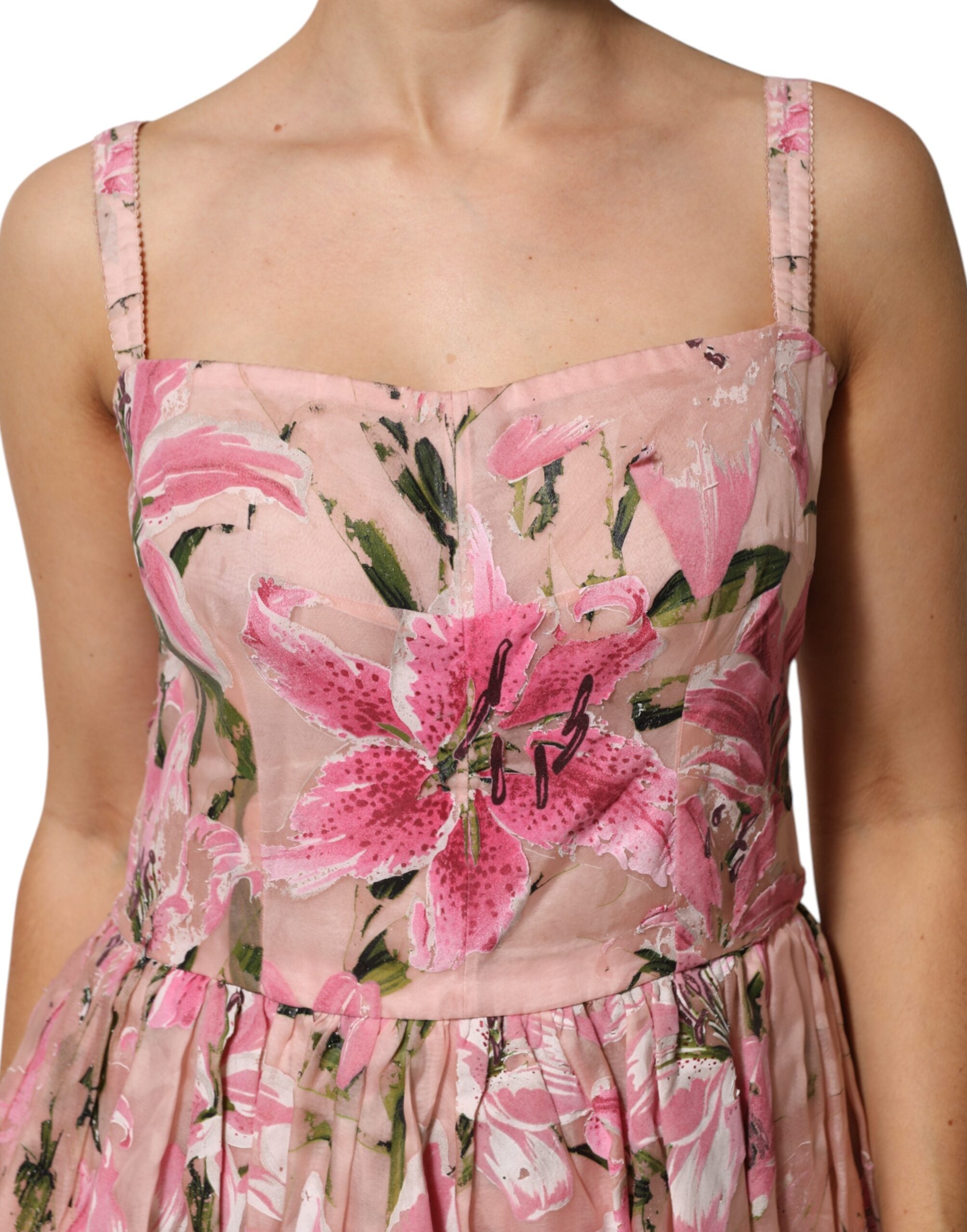 Pink Cotton Floral Pleated Sleeveless Dress