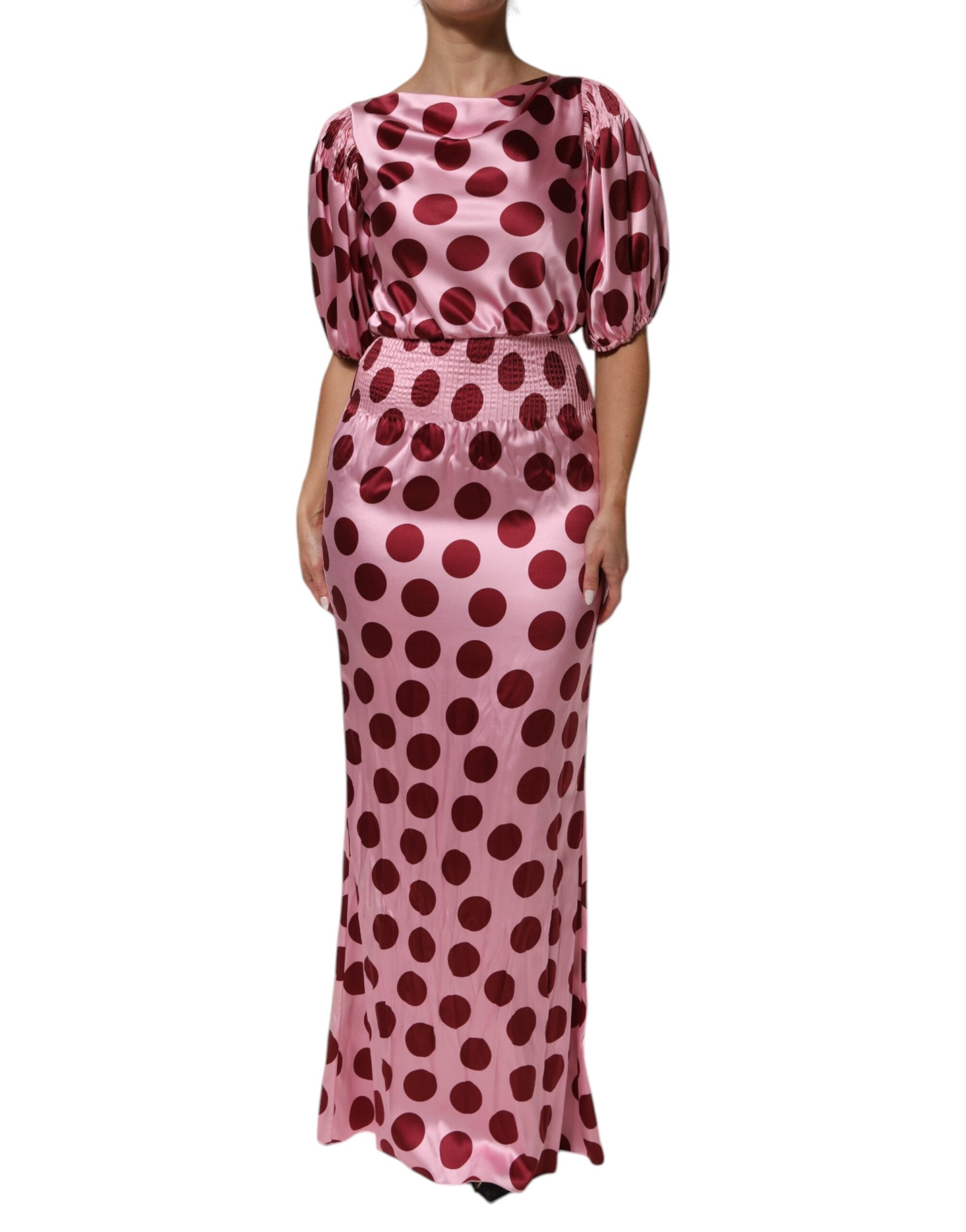 Pink Red Polka Dot Silk Satin Maxi Gown Dress