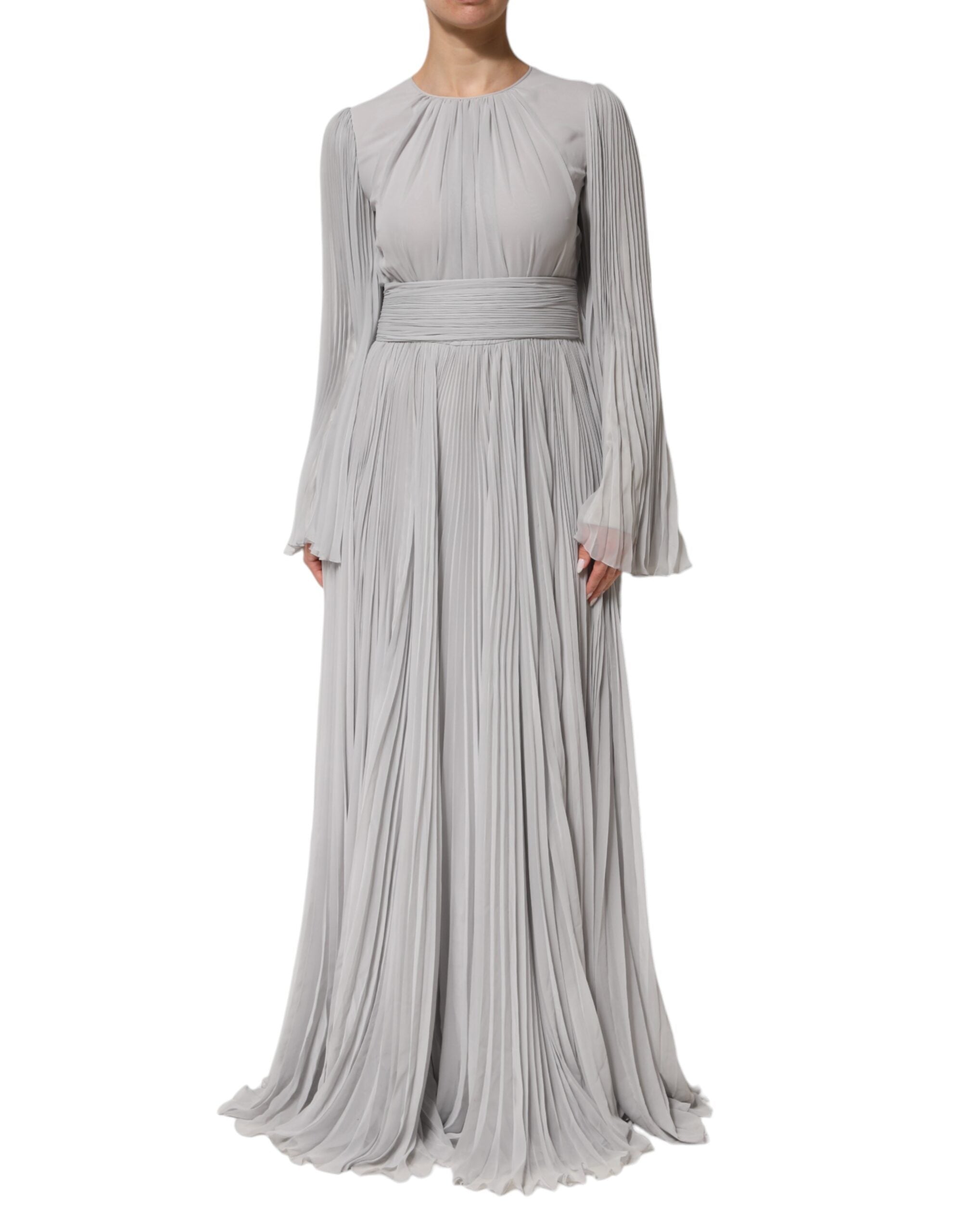 Grey Pleated Maxi Long Sleeve Silk Blend Gown Dress