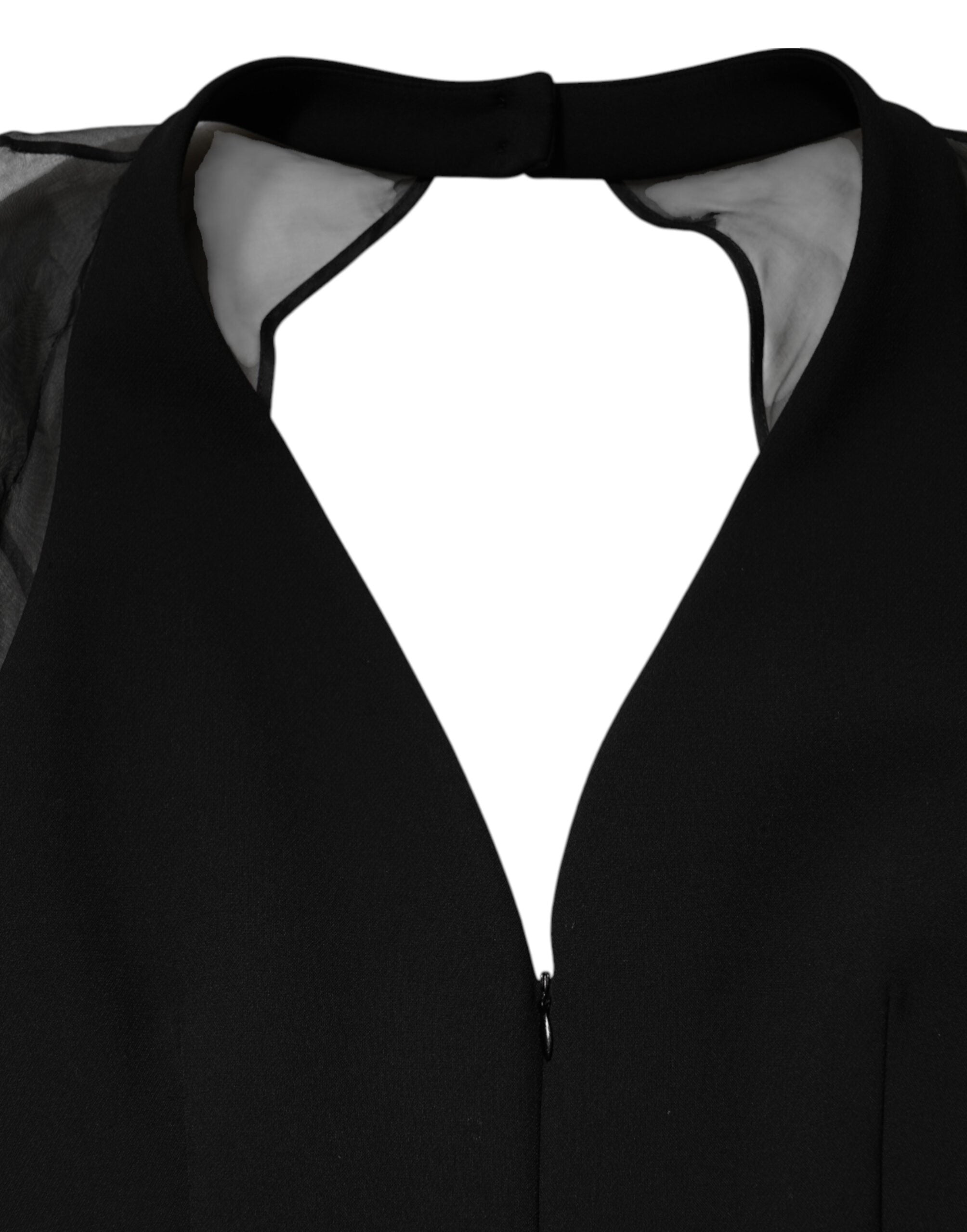 Black Sheer Sleeve Belted V-Neck Mini Dress