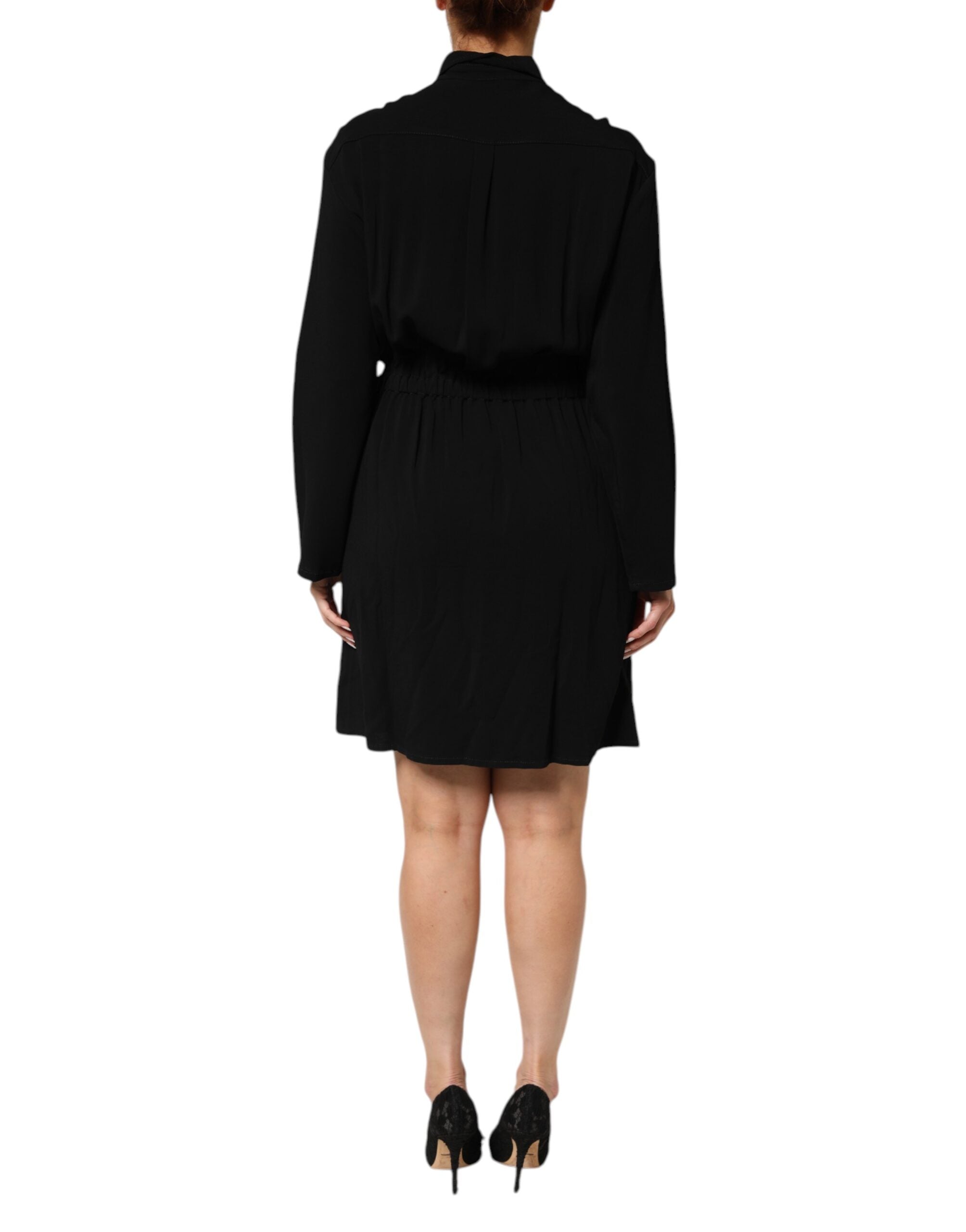 Black Viscose Blend Shirt Style Belted Dress