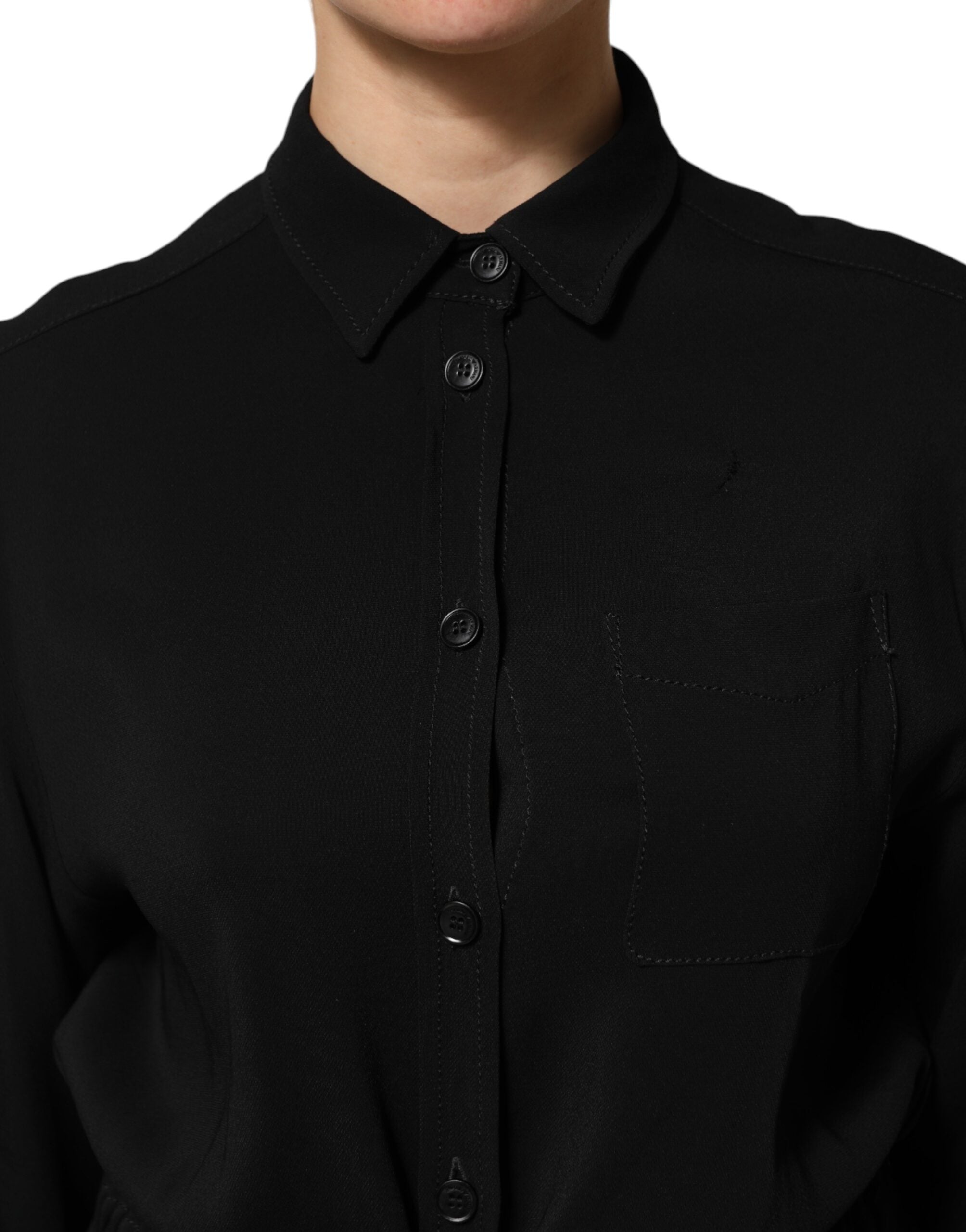 Black Viscose Blend Shirt Style Belted Dress