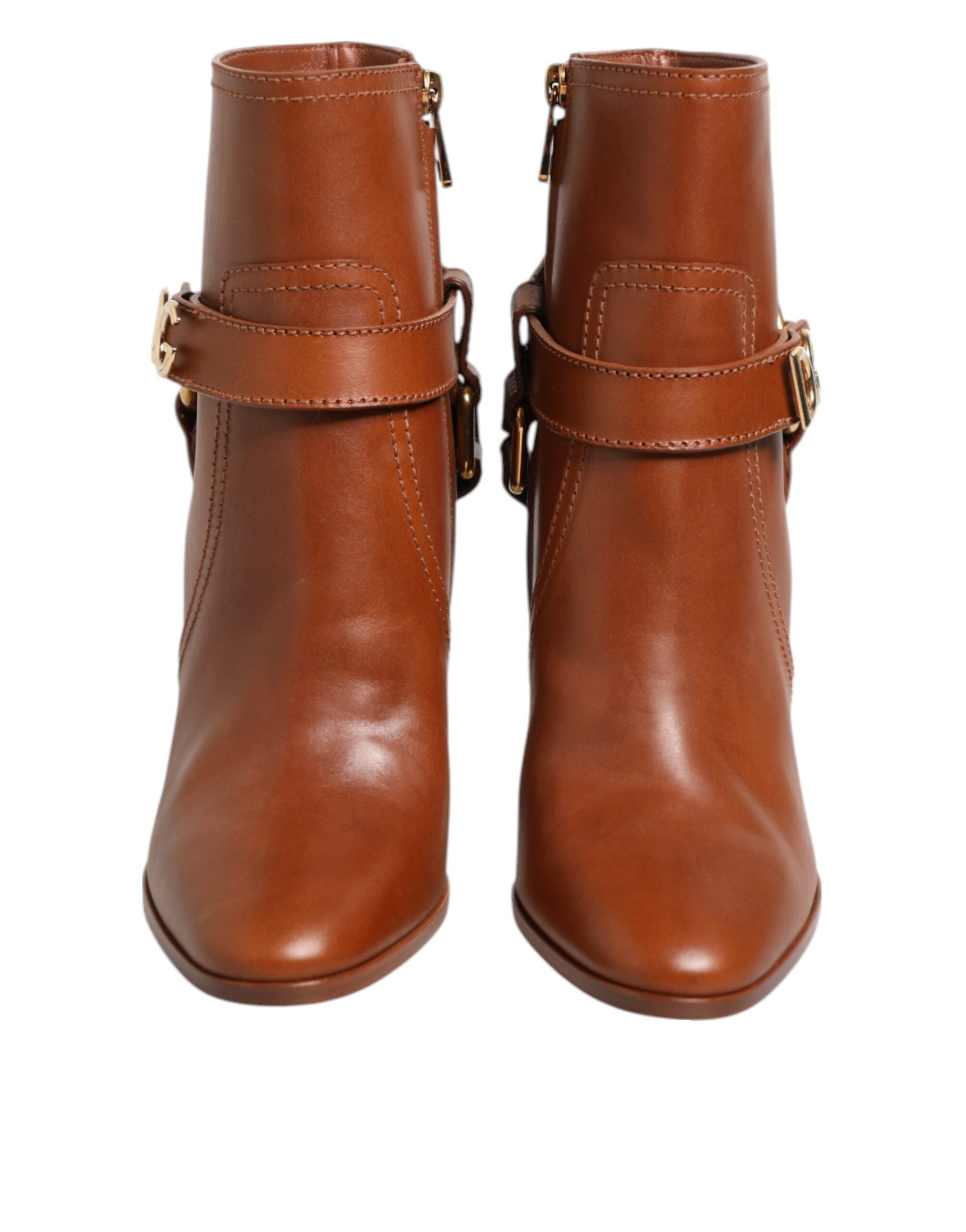 Brown Leather DG Logo Buckle Ankle Boots Shoes