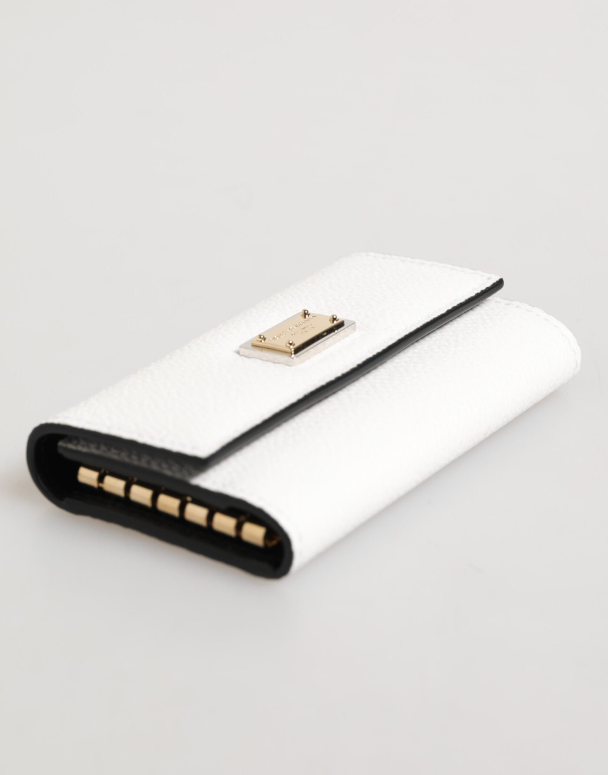 White Leather Card Case Holder Wallet Gold Logo Plate Key Holder