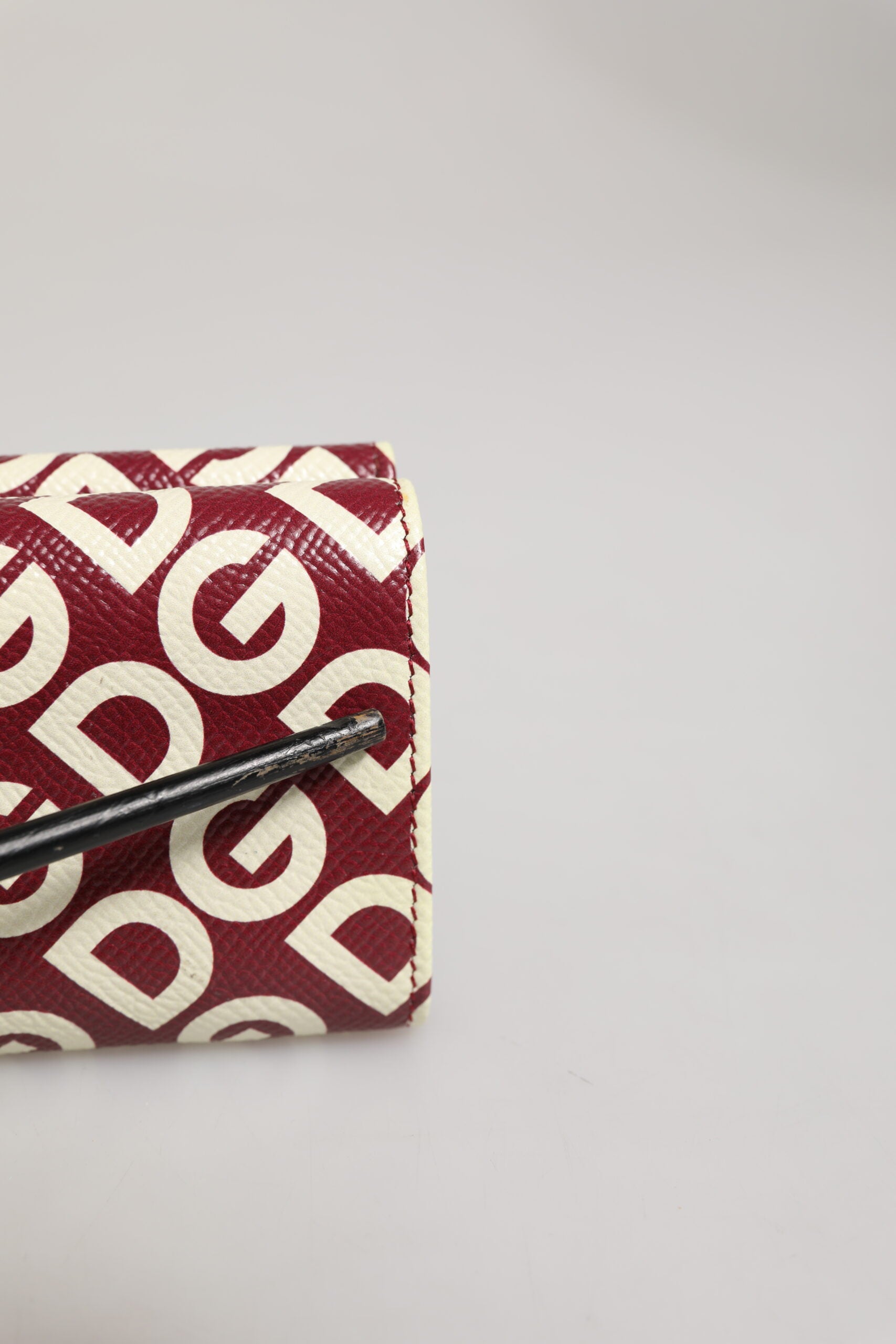 Burgundy Logo Print Calf Leather French Flap Card Holder Wallet