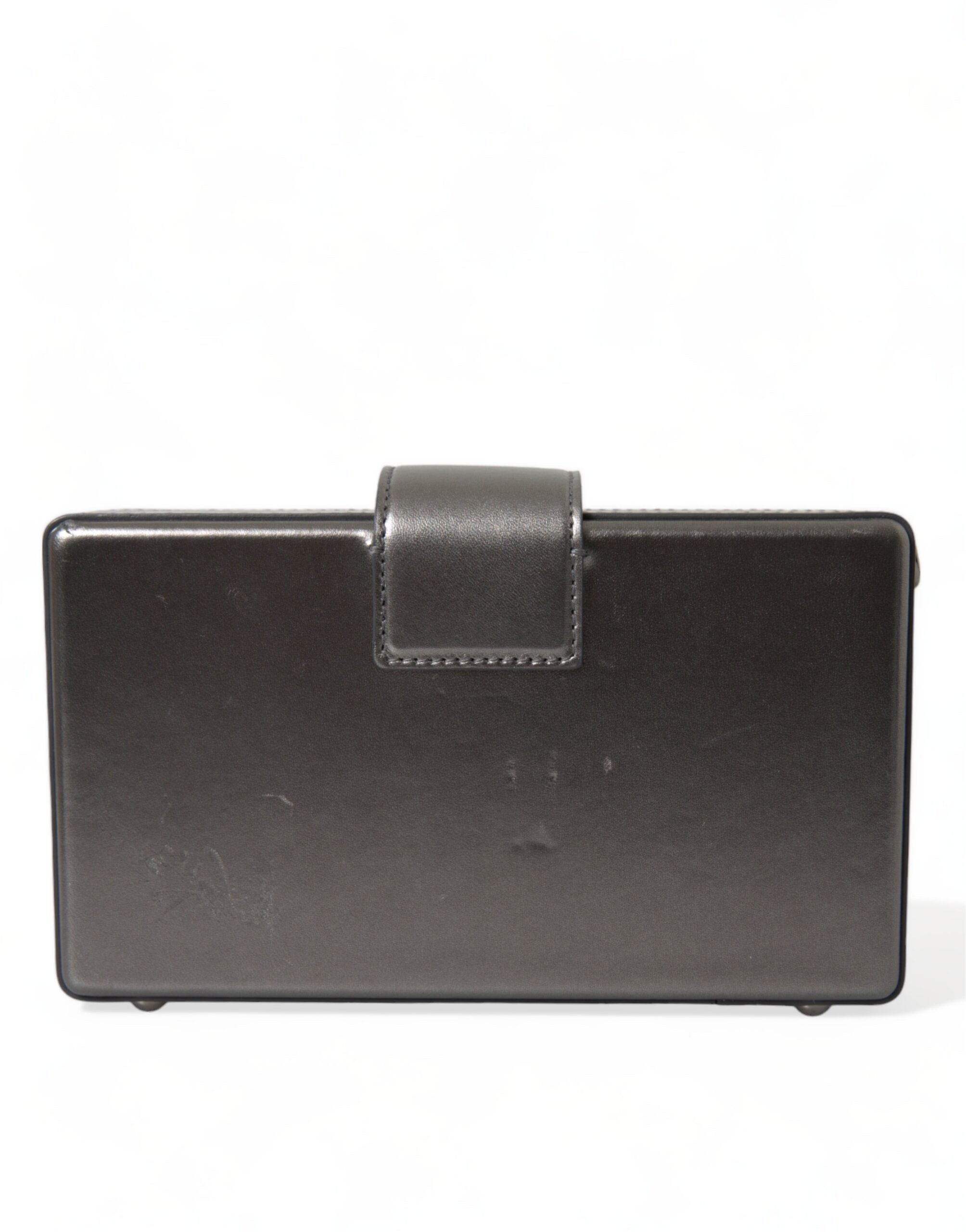 Steel Gray Leather Box Shape Shoulder Gold DG Logo Plaque Bag
