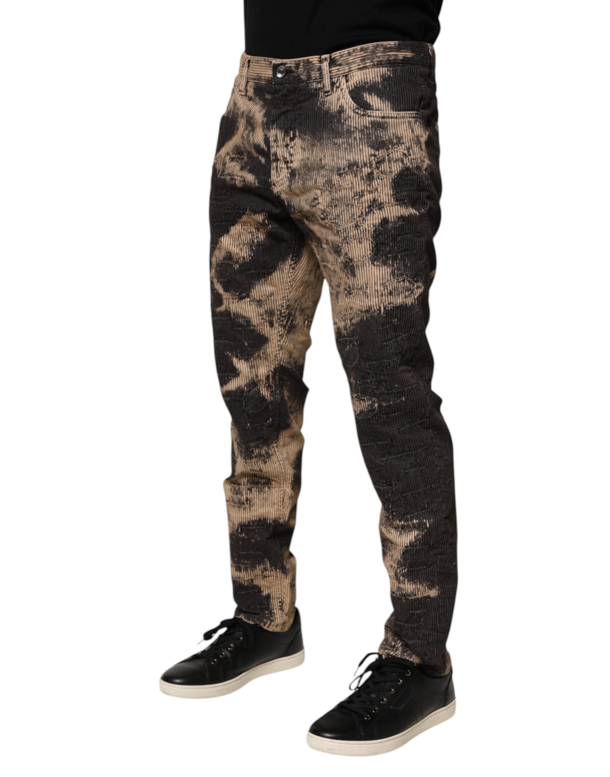 Beige Black Corduroy Tie-Dye Cotton Blend Pants