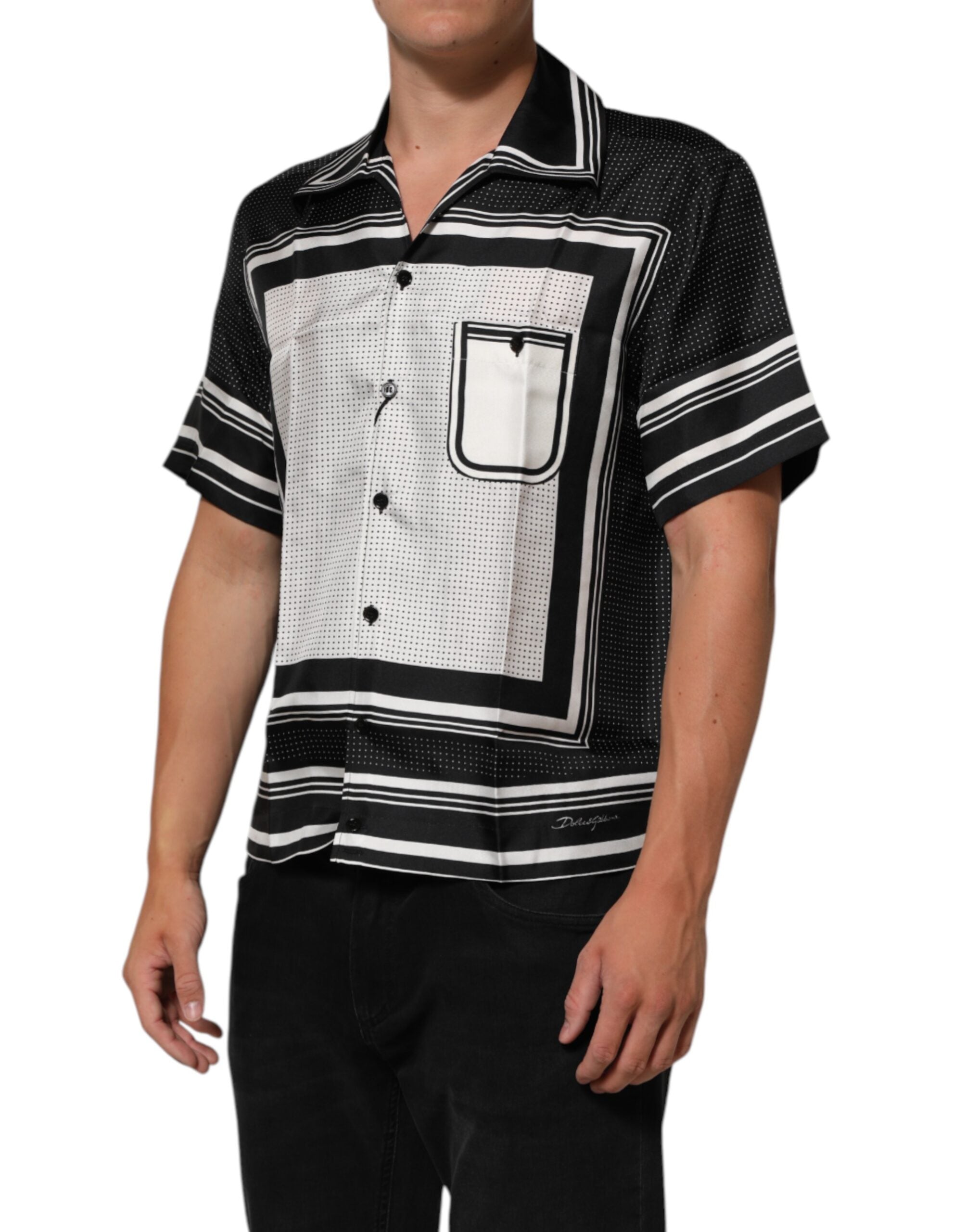 Black White StripeDot Print Casual Polo Shirt