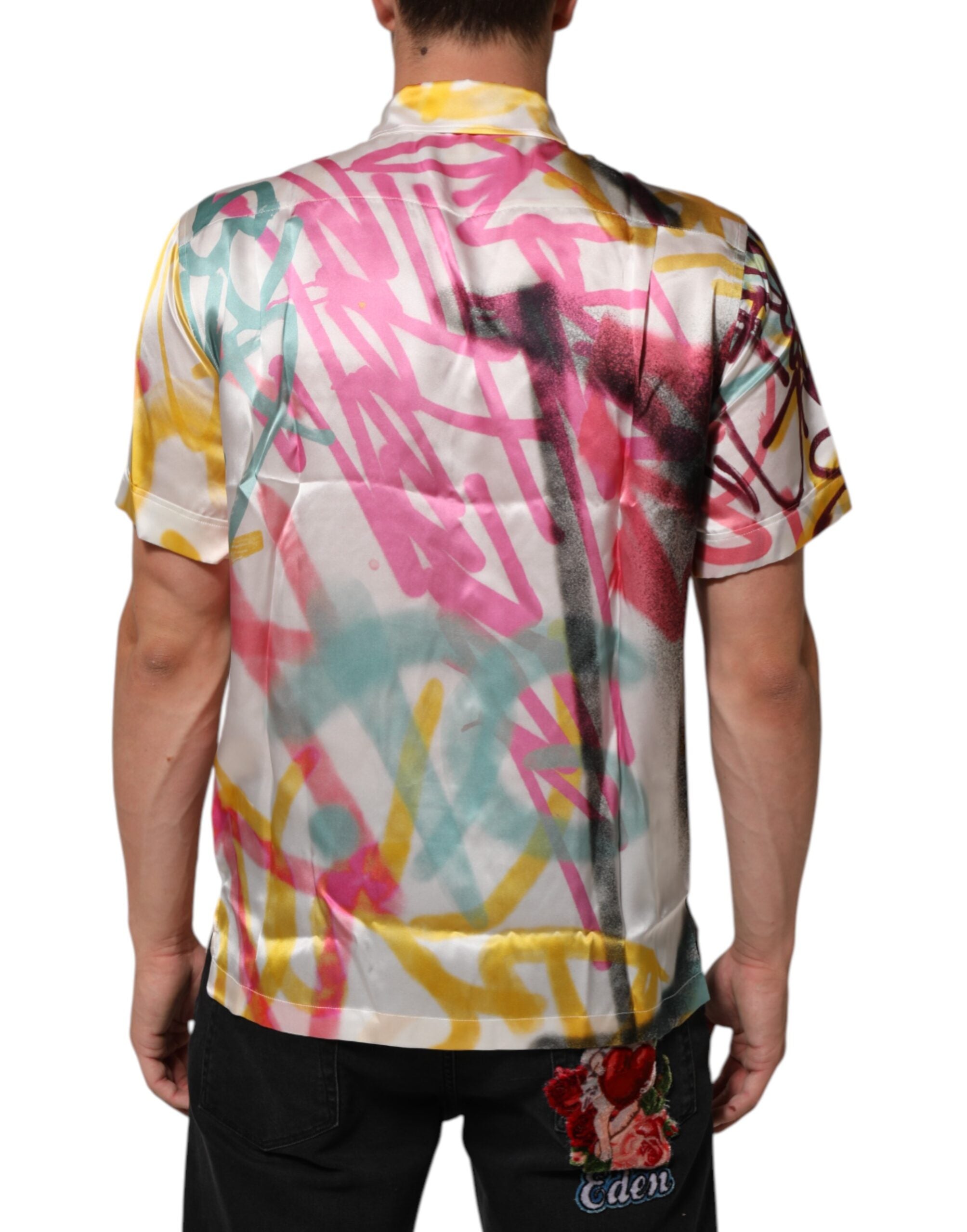 White Silk Hawaiian Graffiti Print Men Casual Shirt