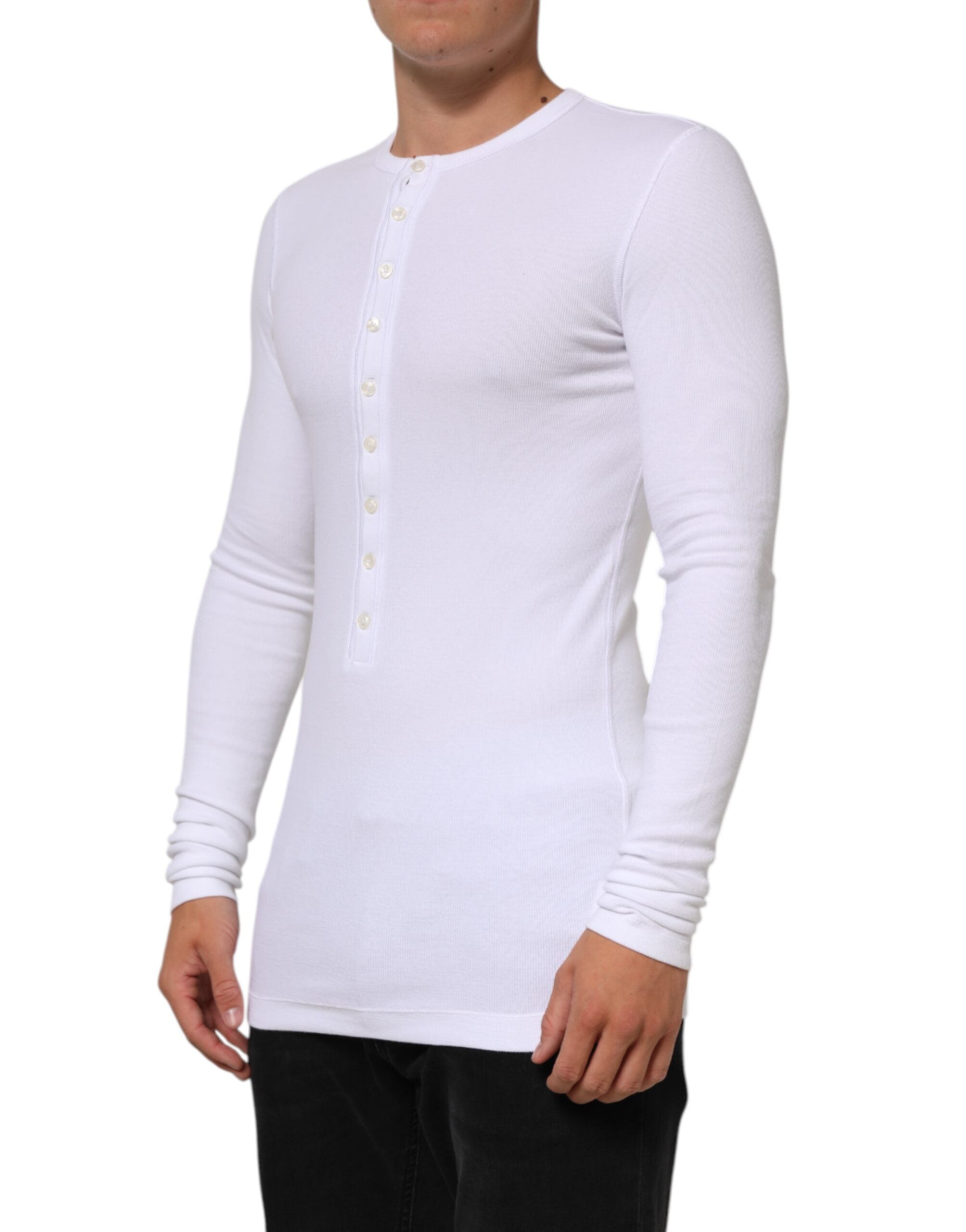 White Long Sleeves Button Closure T-shirt