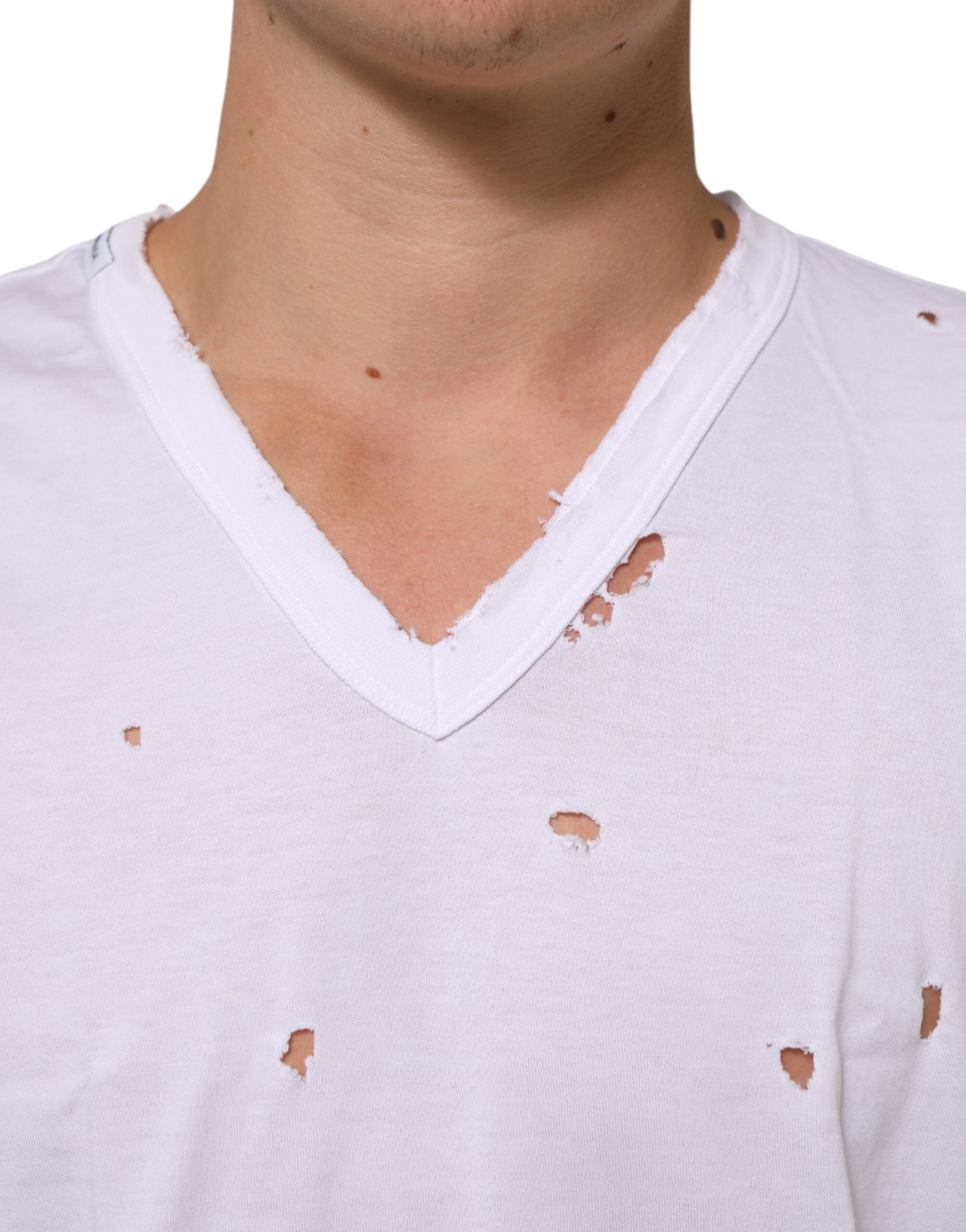 White Distressed Cotton V Neck Men T-shirt