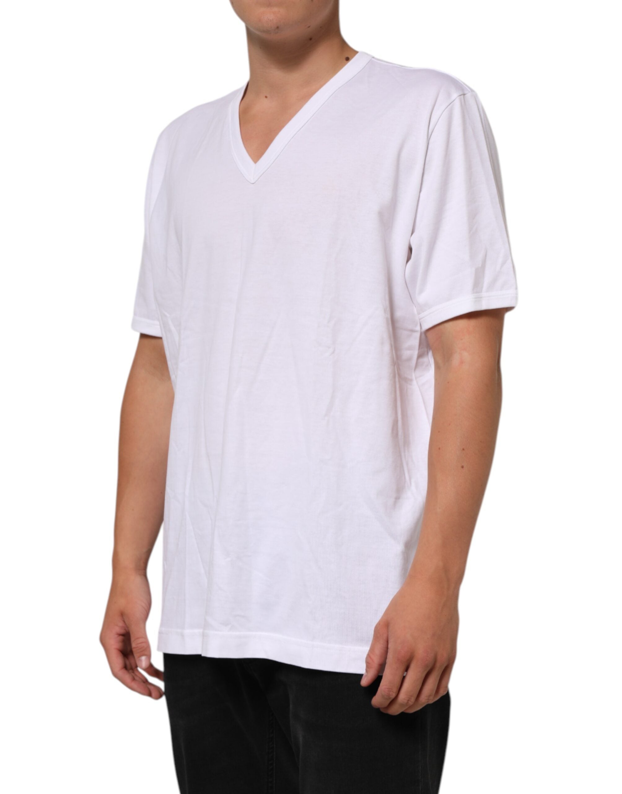 White Cotton V-Neck Short Sleeves T-shirt