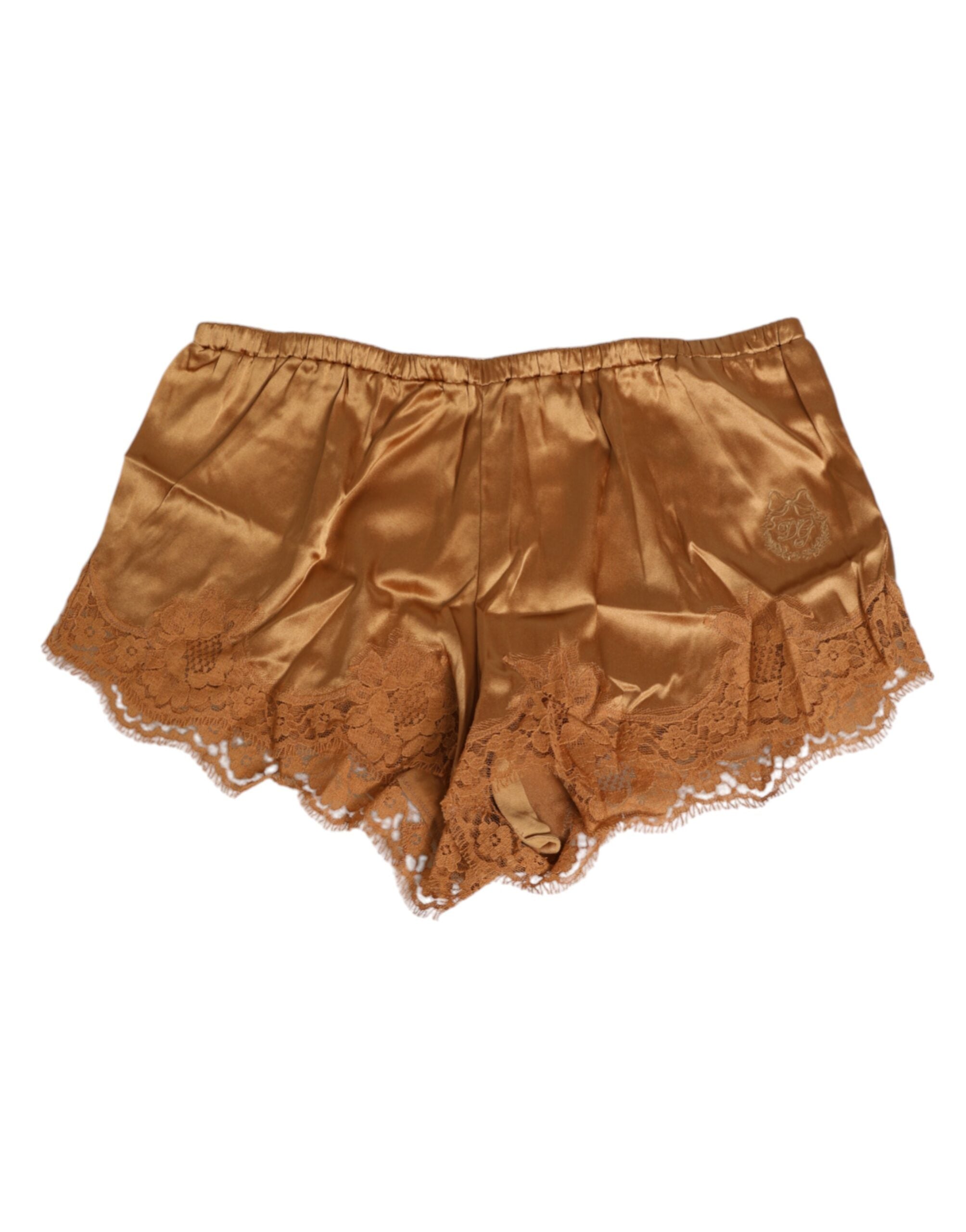 Brown Silk Satin Floral Lace Shorts Underwear