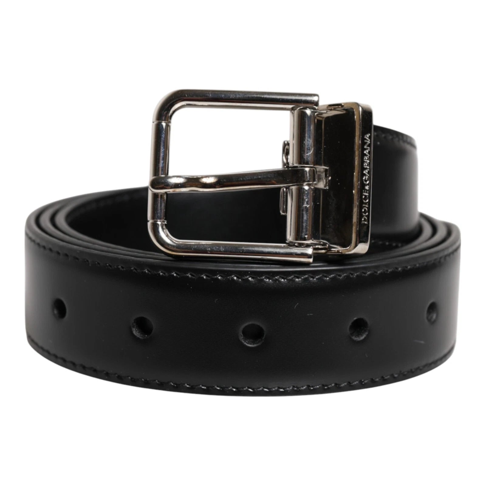 Black Calf Leather Silver Metal Buckle Belt