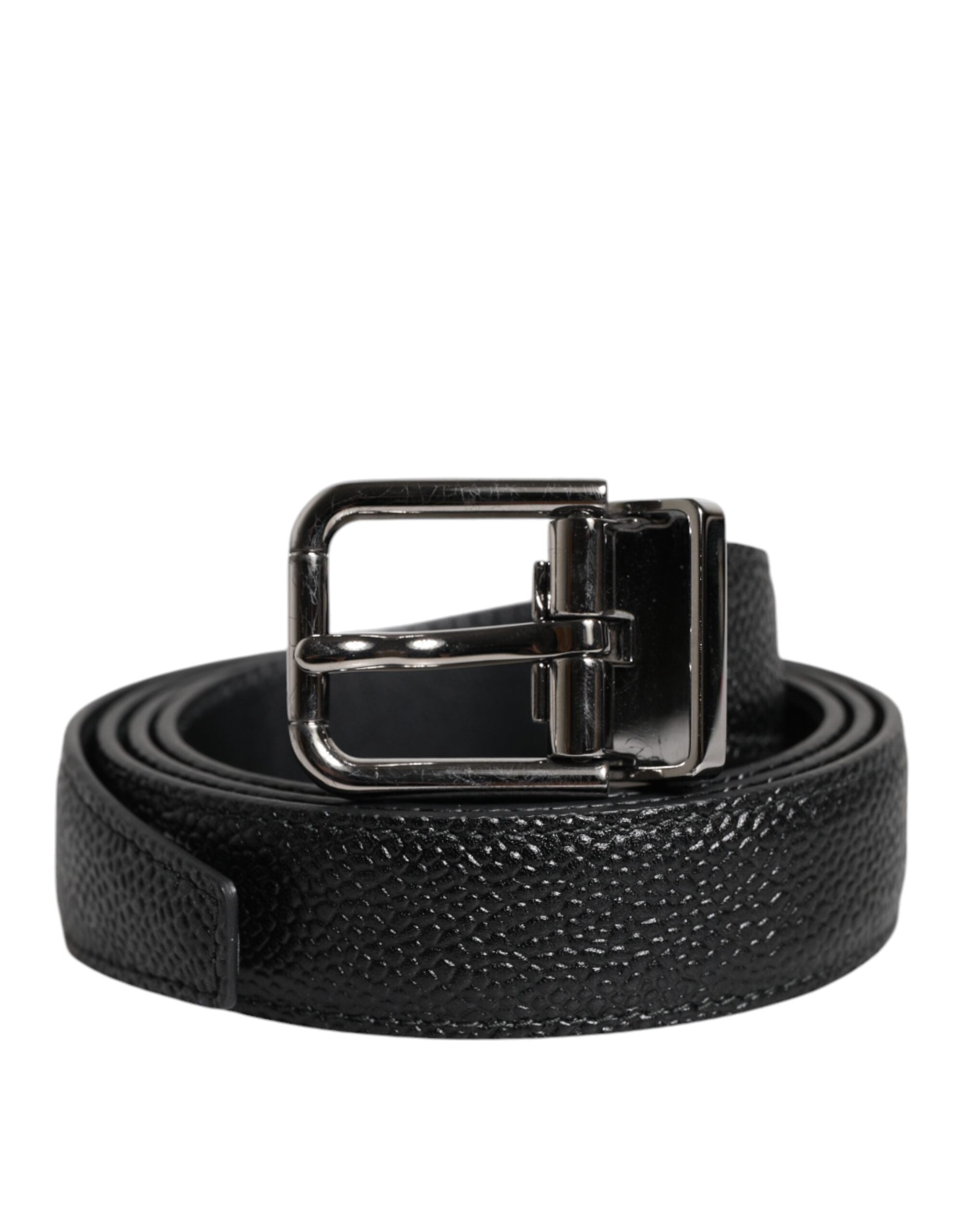 Black Textured Leather Silver Metal Buckle Men Belt