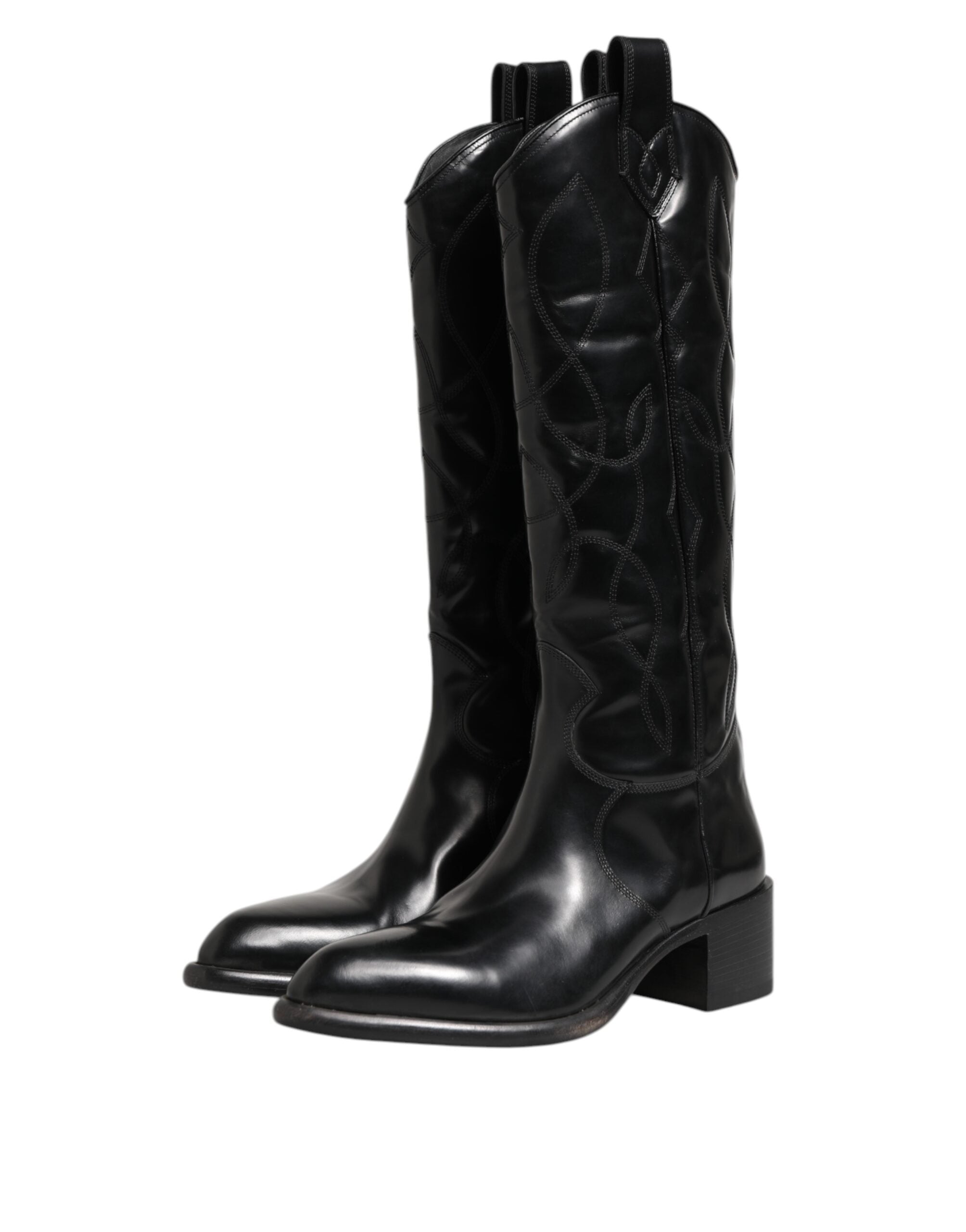 Black Leather Over The Calf Biker Boots Shoes
