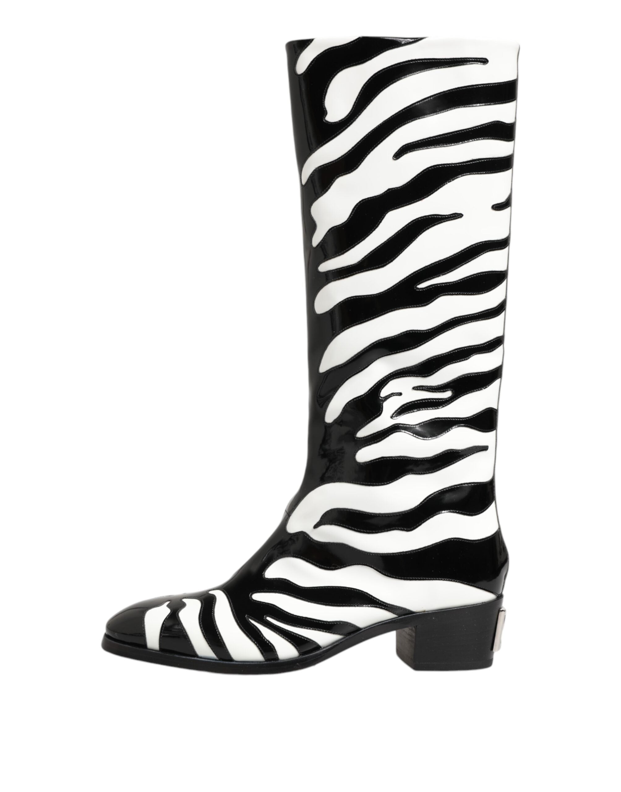 Black White Zebra Over The Calf Boots Shoes