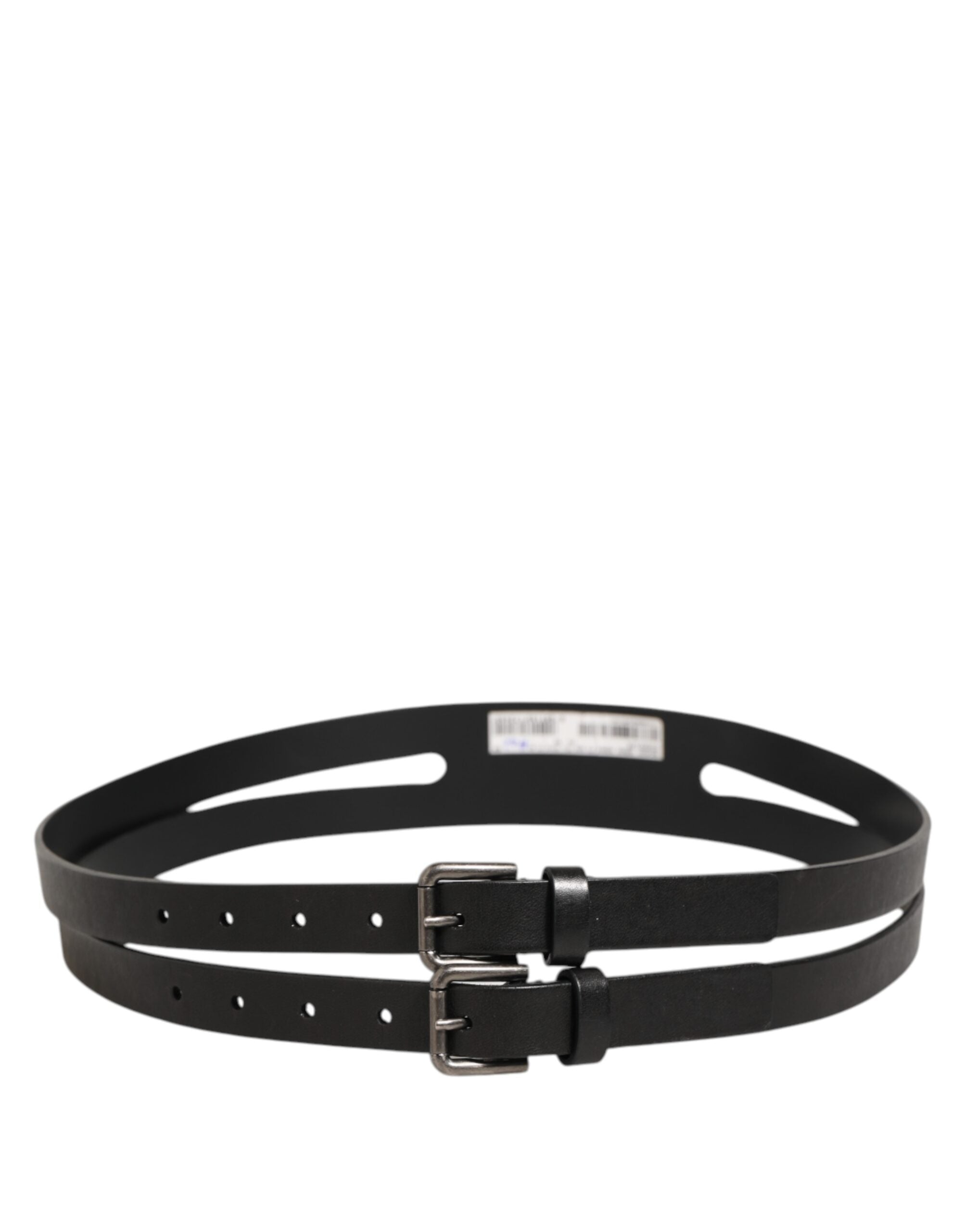 Black Double Strap Leather Silver Buckle Belt