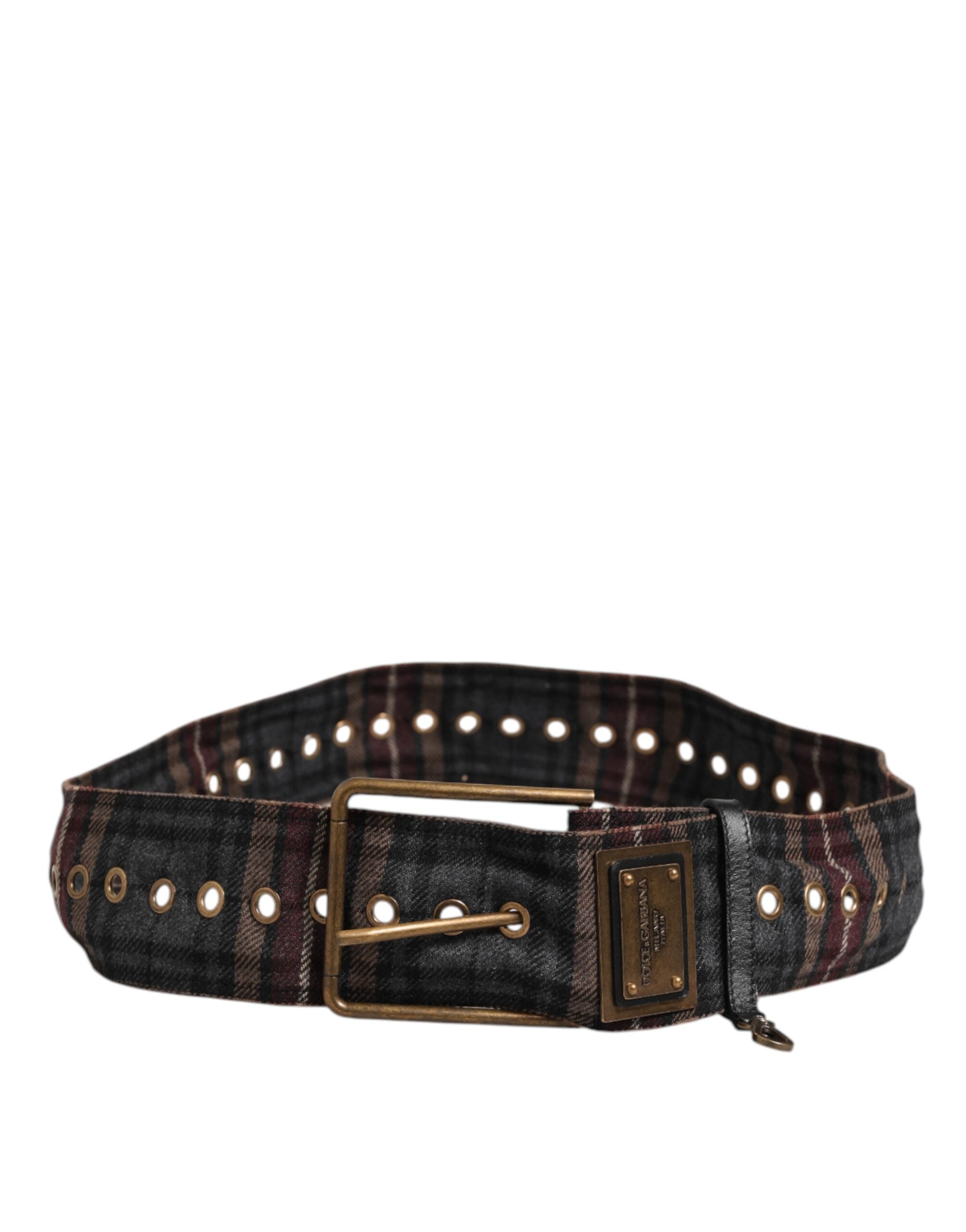 Plaid Fabric Logo Plate Brass Buckle Belt