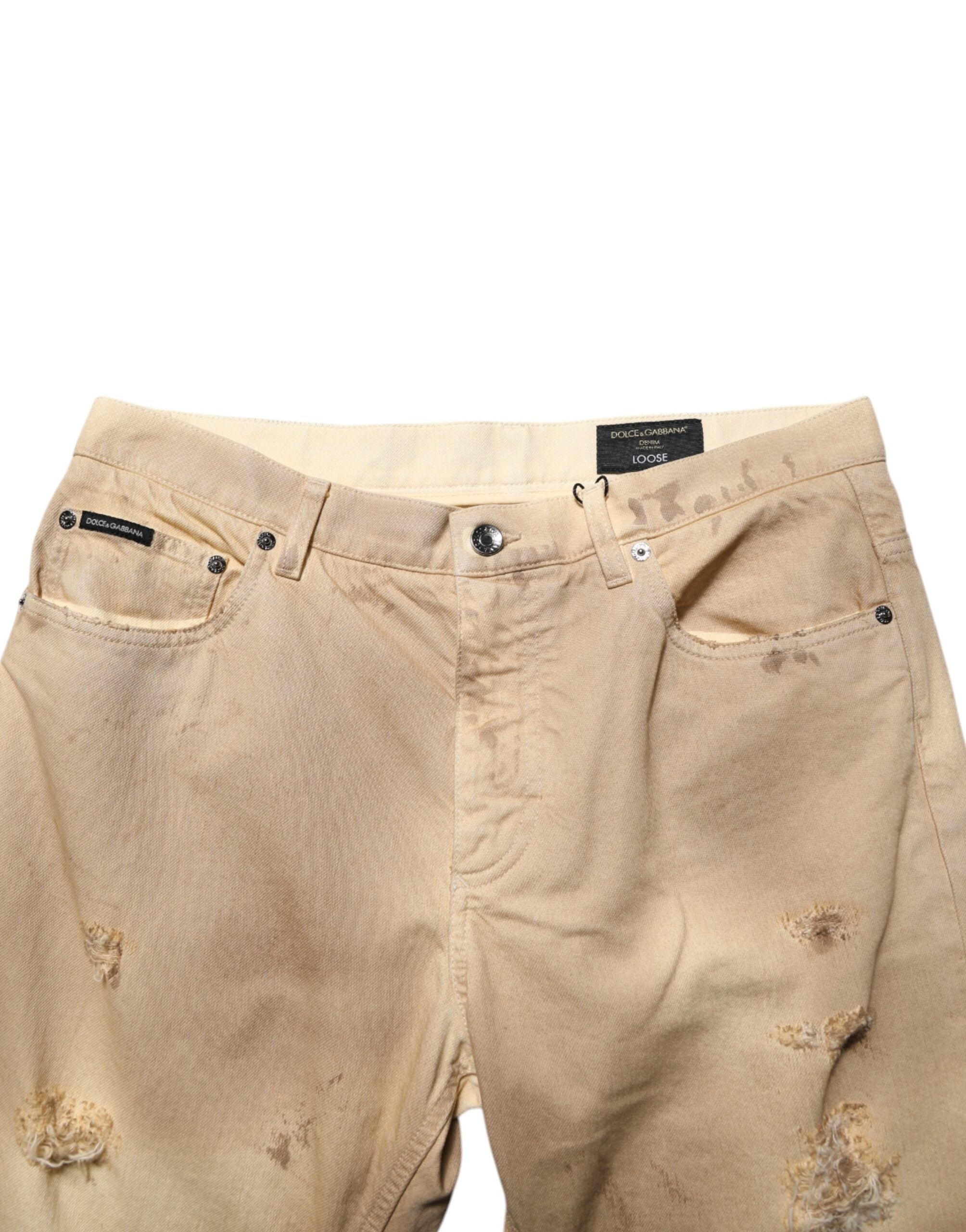 Beige Cotton Loose Tattered Men Denim Jeans