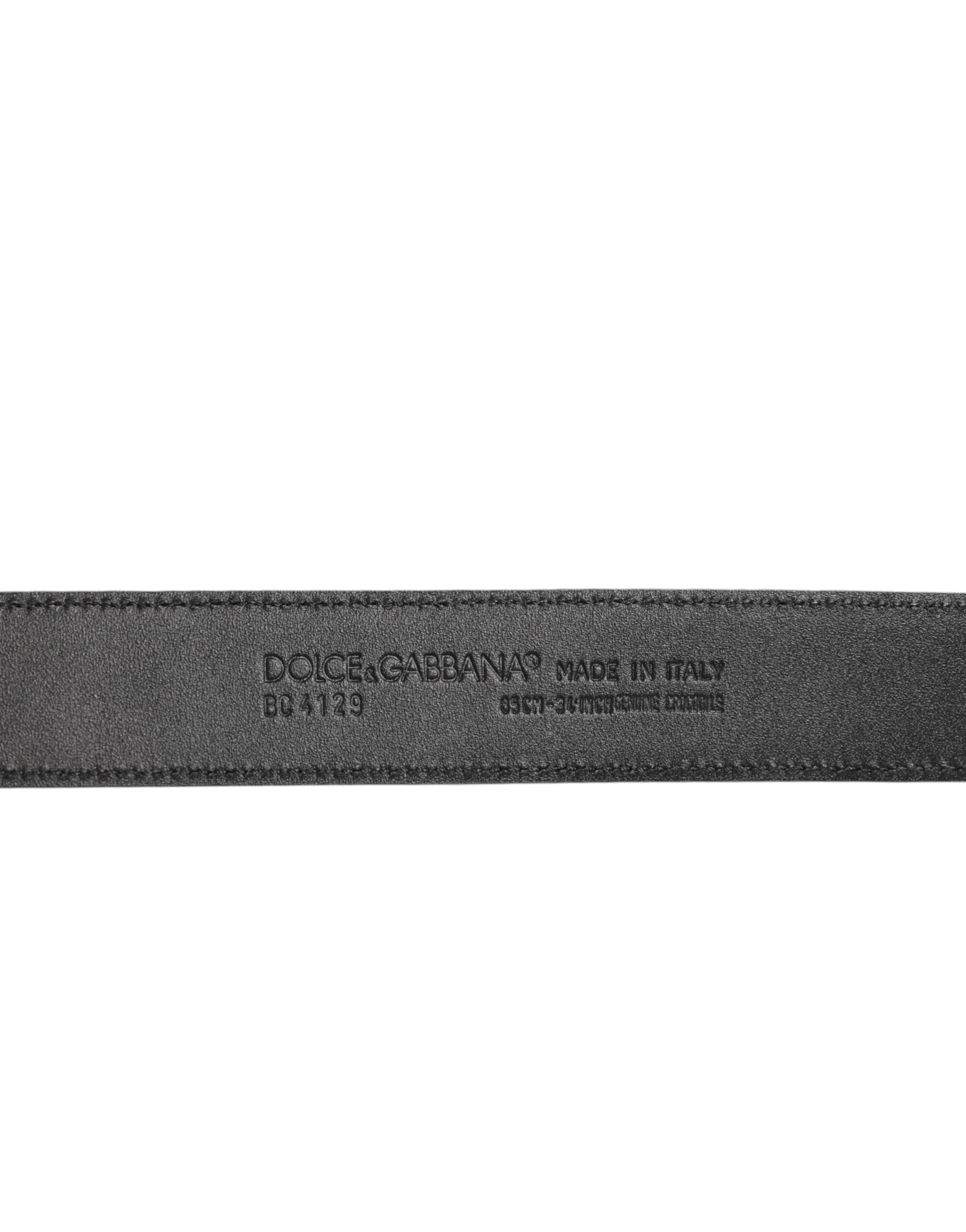 Black Exotic Leather Metal Logo Buckle Belt