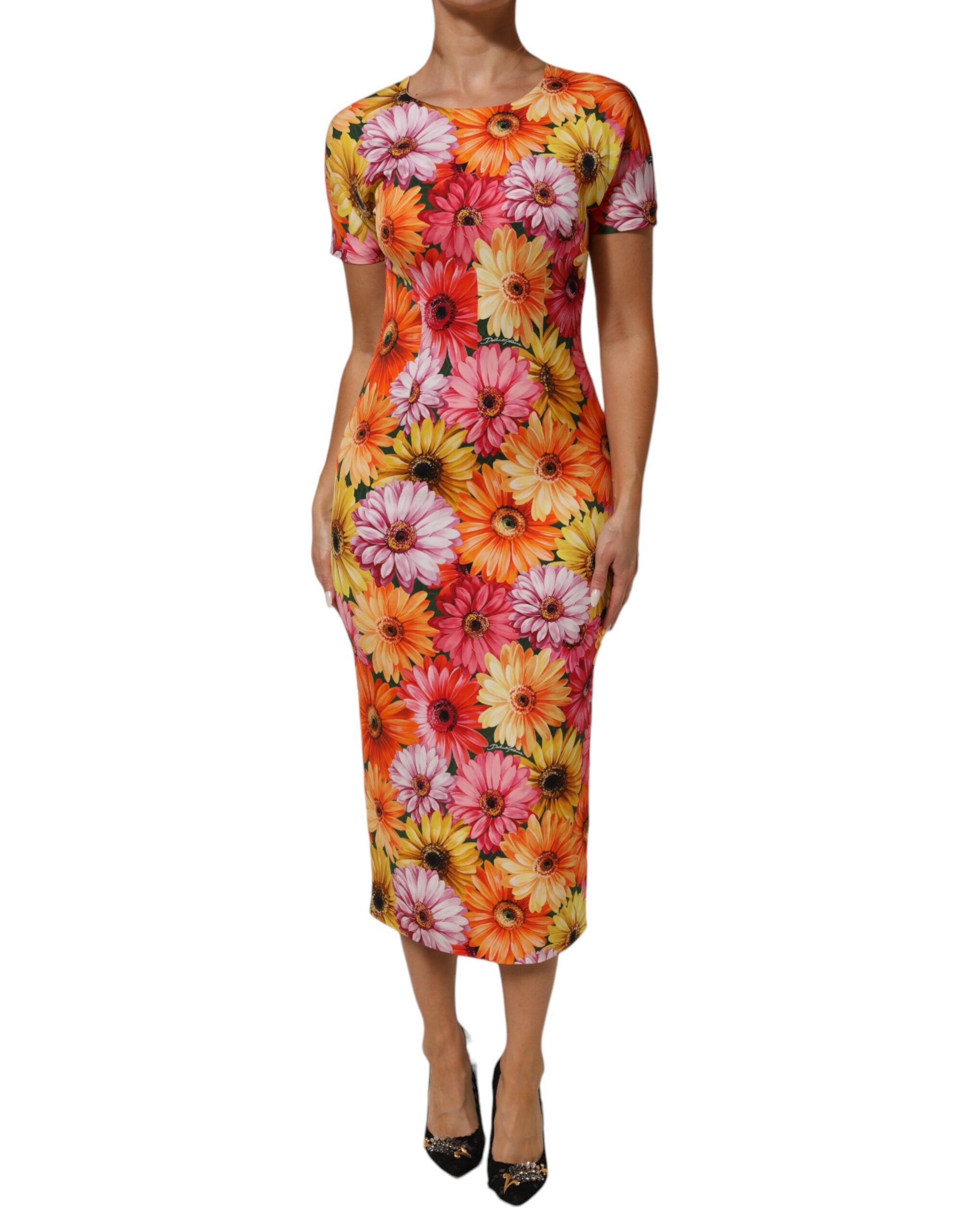 Multicolor Floral Print SilkSheath Midi Dress