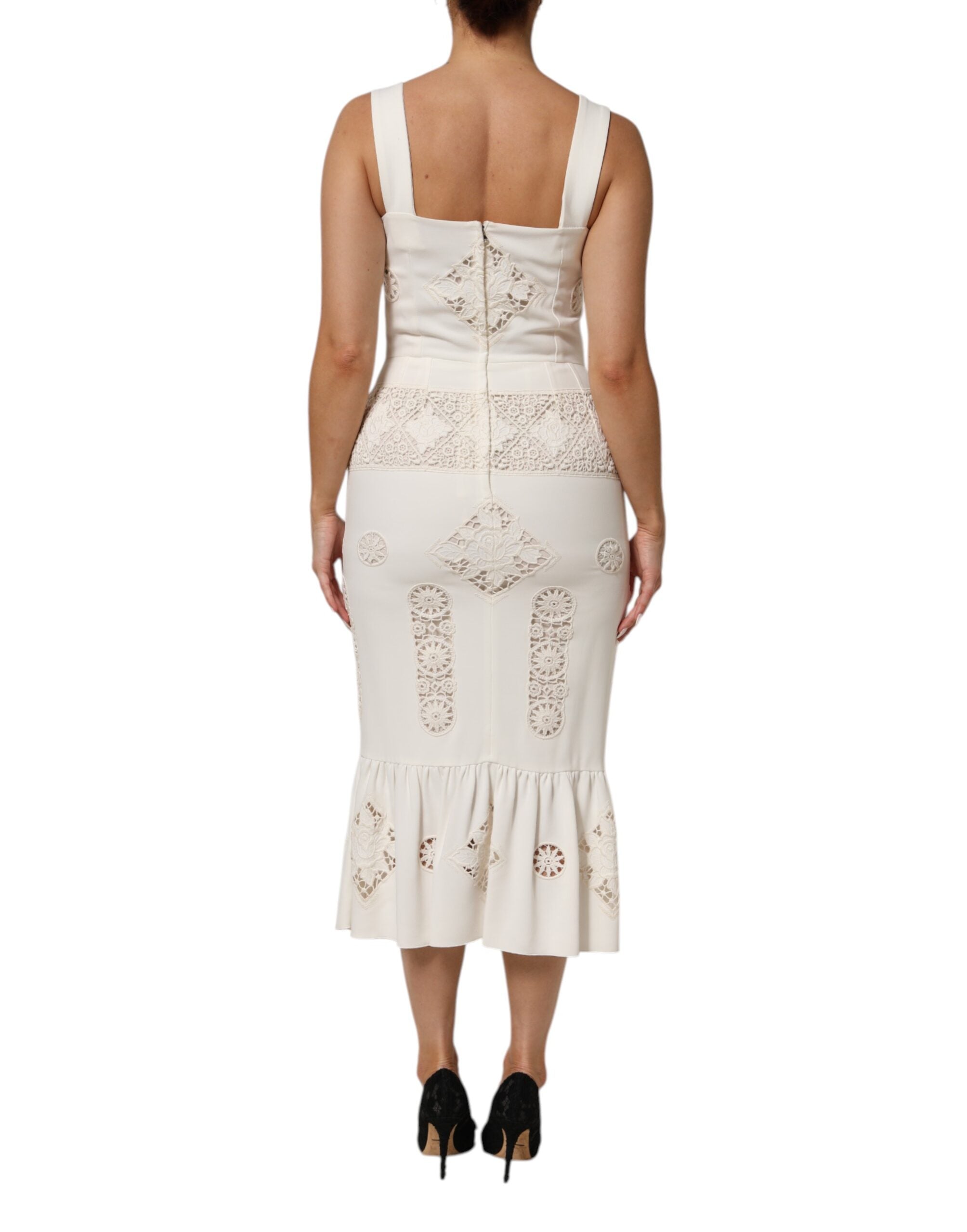 White Floral Lace Sleeveless Midi Dress