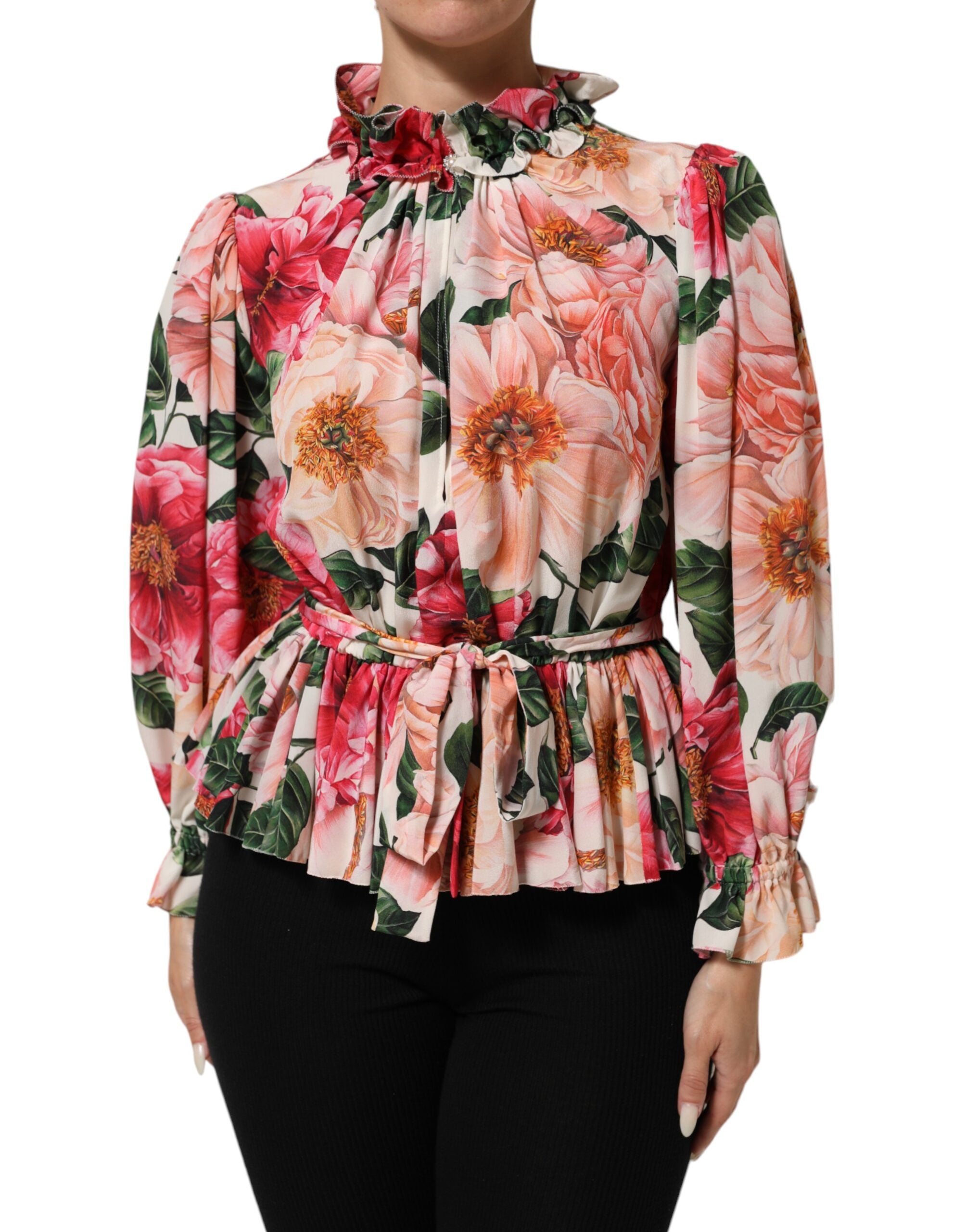 Pink Floral Printed Silk Ruffled Blouse Top