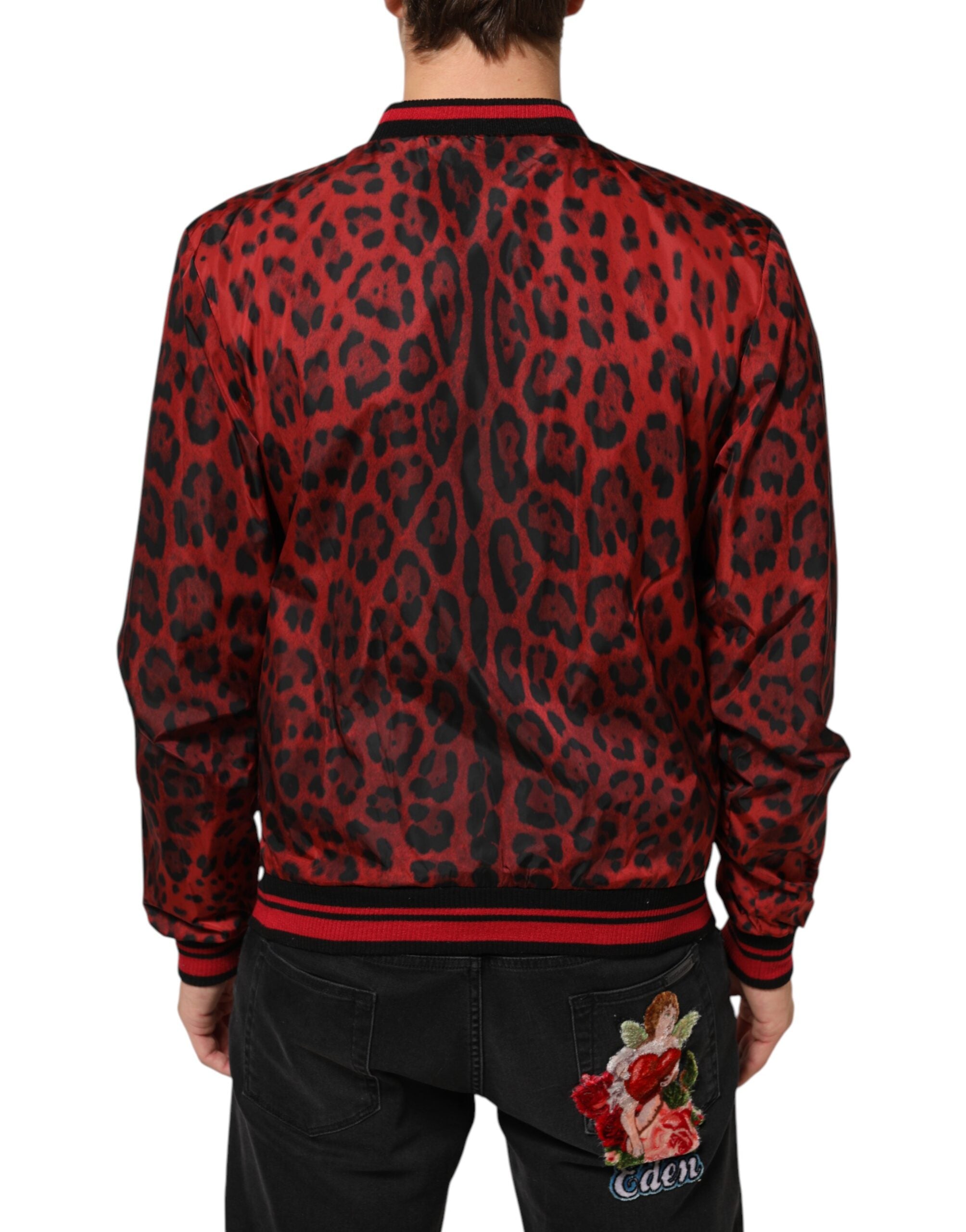 Red Leopard Print Full Zip Bomber Jacket