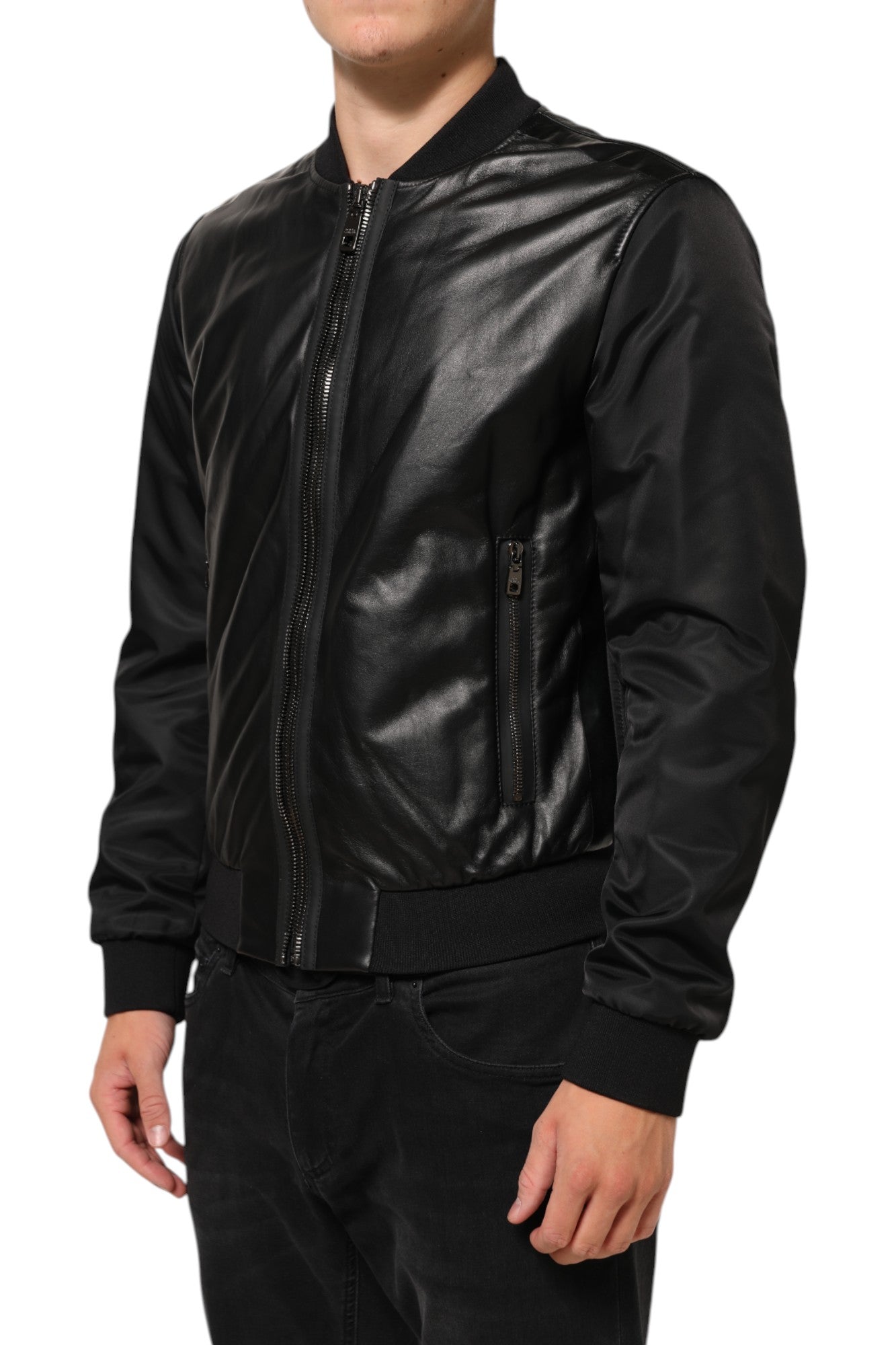 Black Leather Nylon FullZip Blouson Jacket
