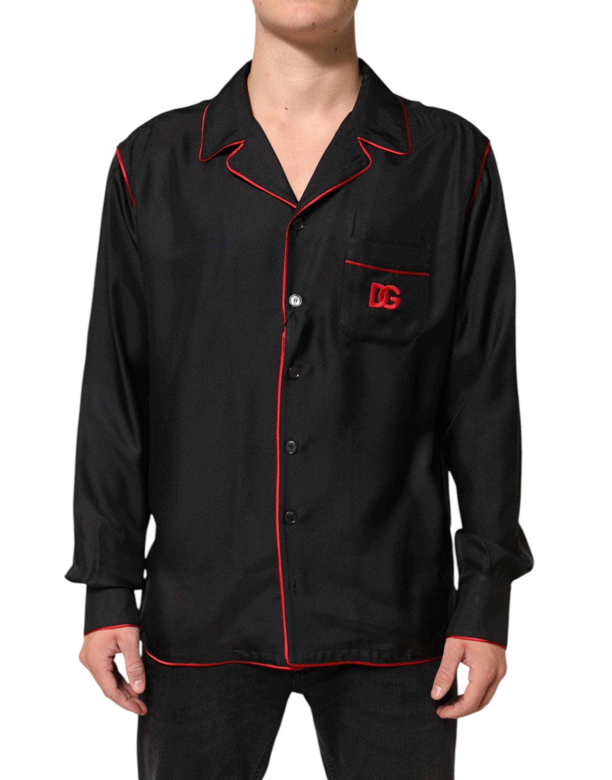 Black Red Contrast Trim Silk Casual Shirt