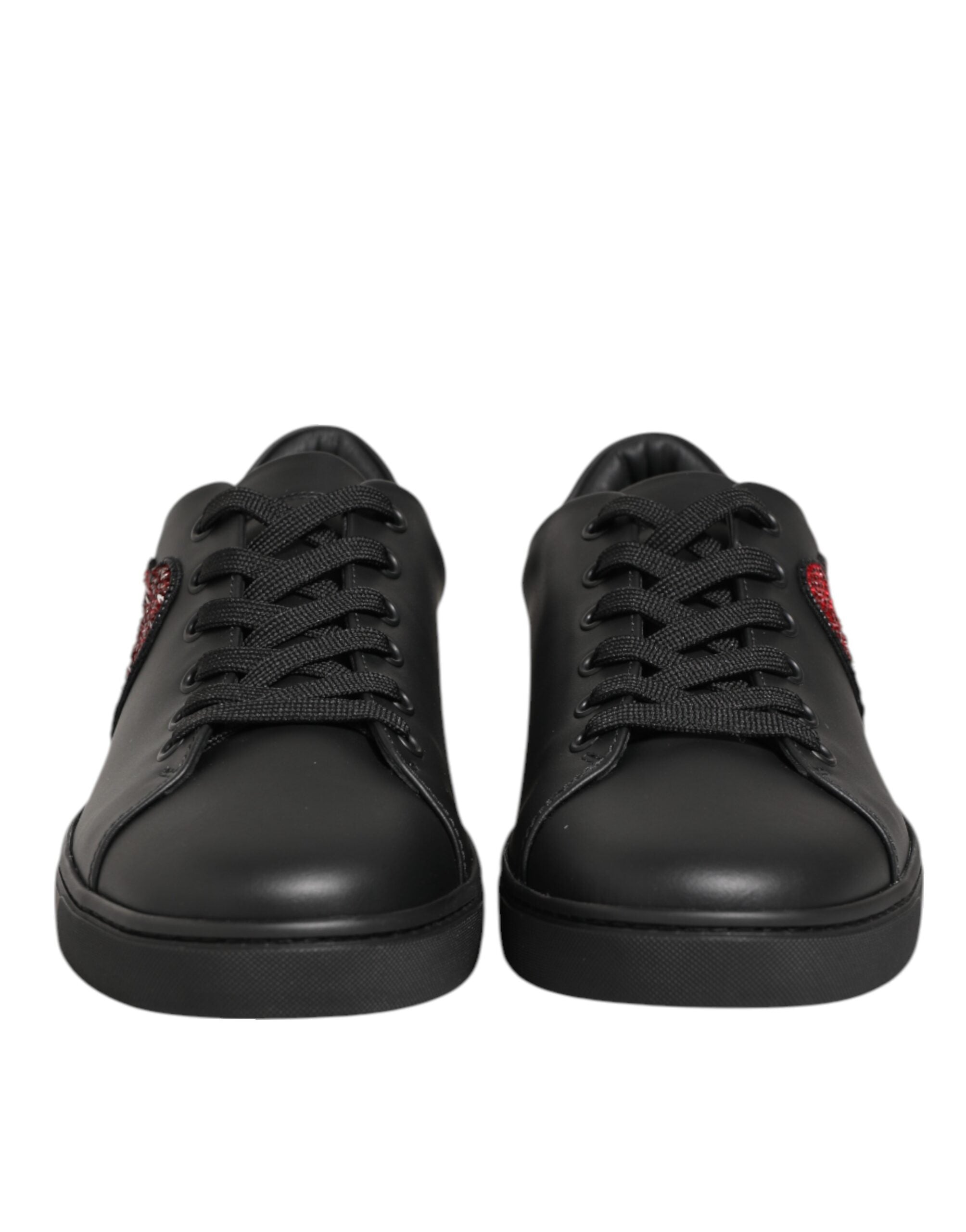 Black Leather Crystal Heart Sneakers Shoes