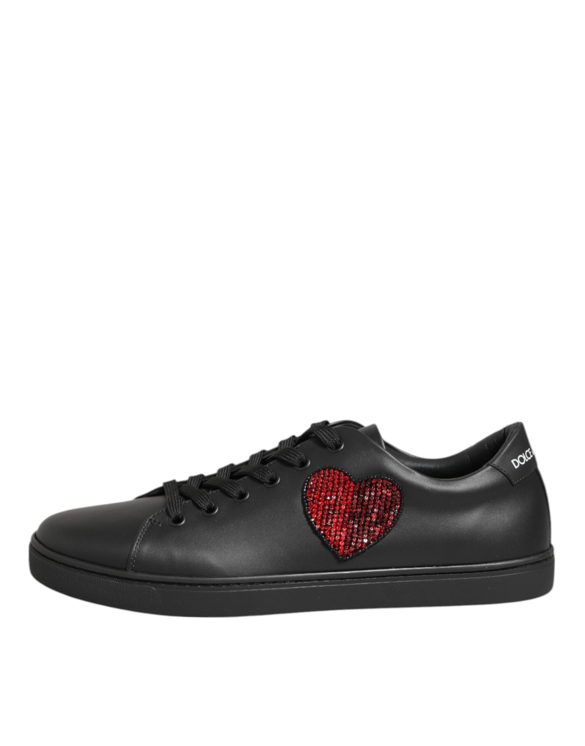 Black Leather Crystal Heart Sneakers Shoes