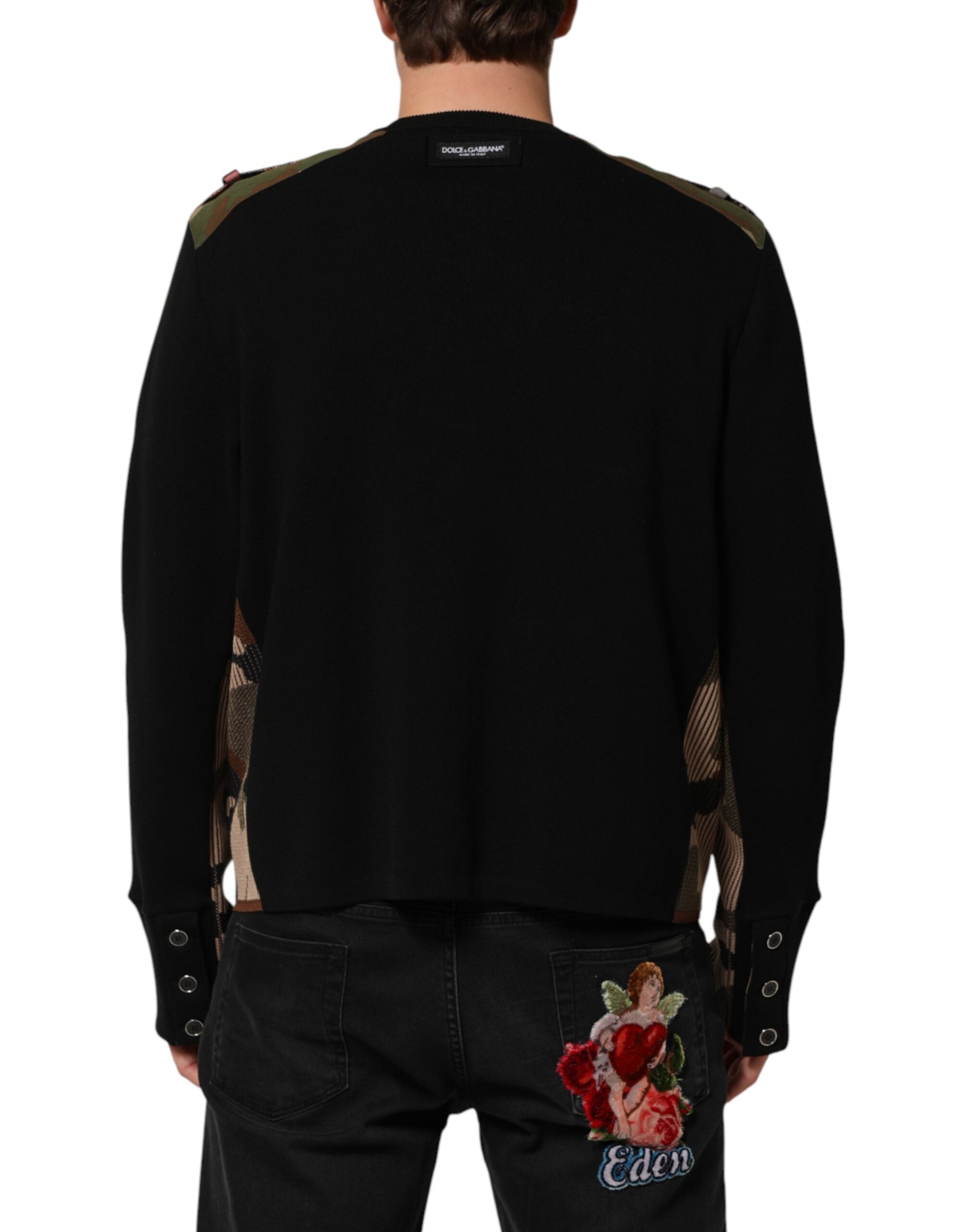 Black Patchwork Crew Neck Pullover Sweater