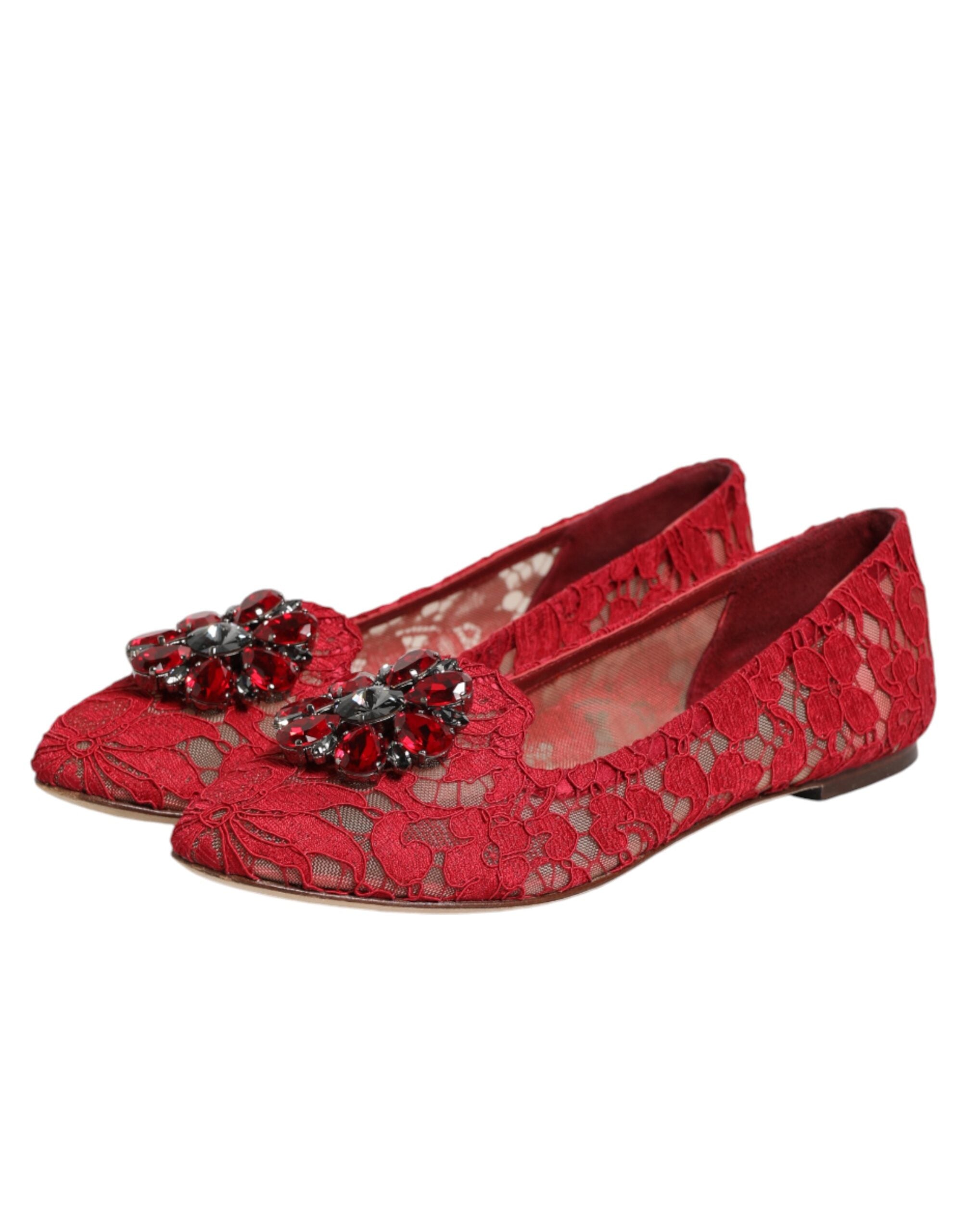 Red Lace Crystal Ballet Flats Loafers Shoes
