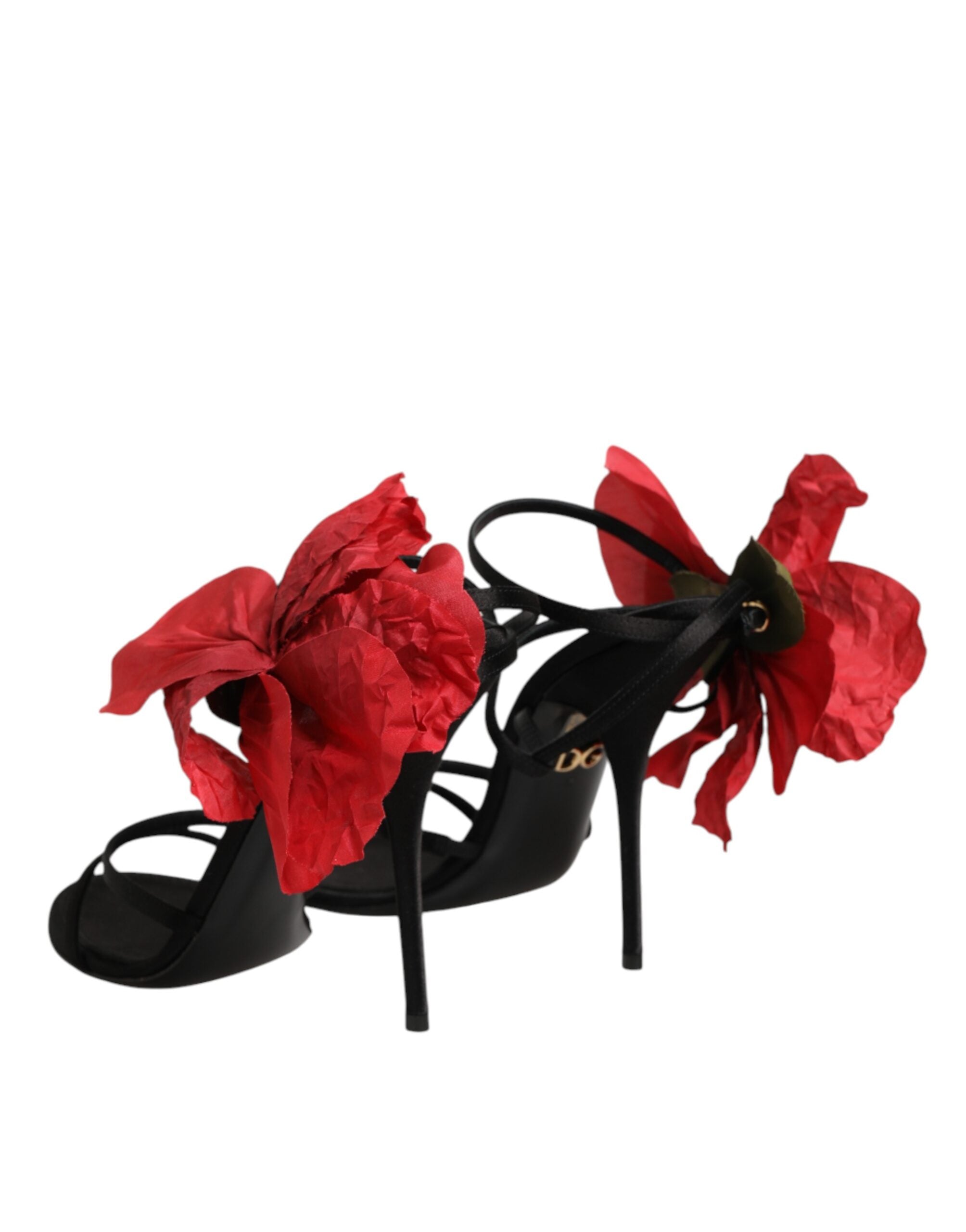 Black Leather Strappy Flower Heels Sandals Shoes