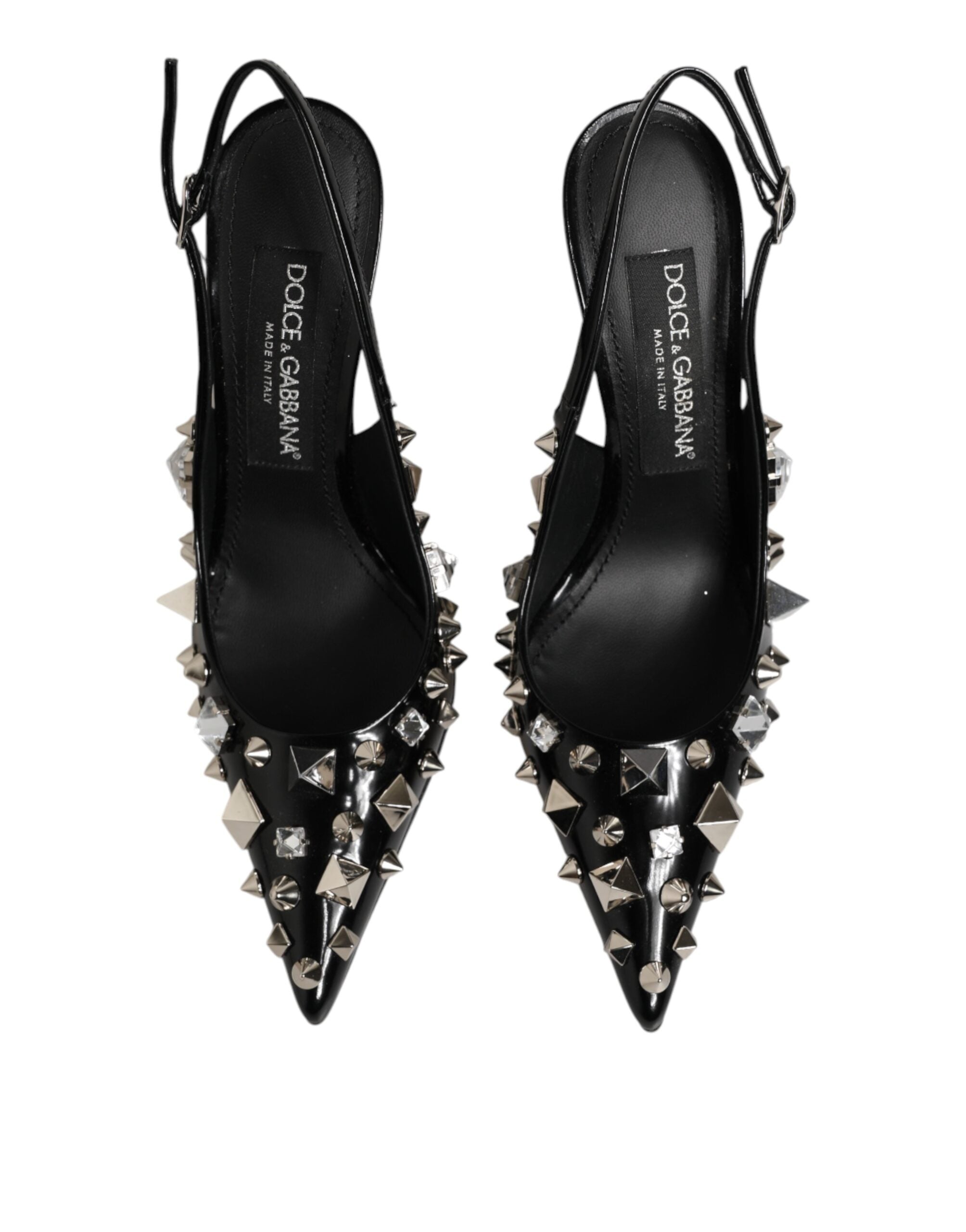 Black Studded Leather Heels Slingbacks Shoes