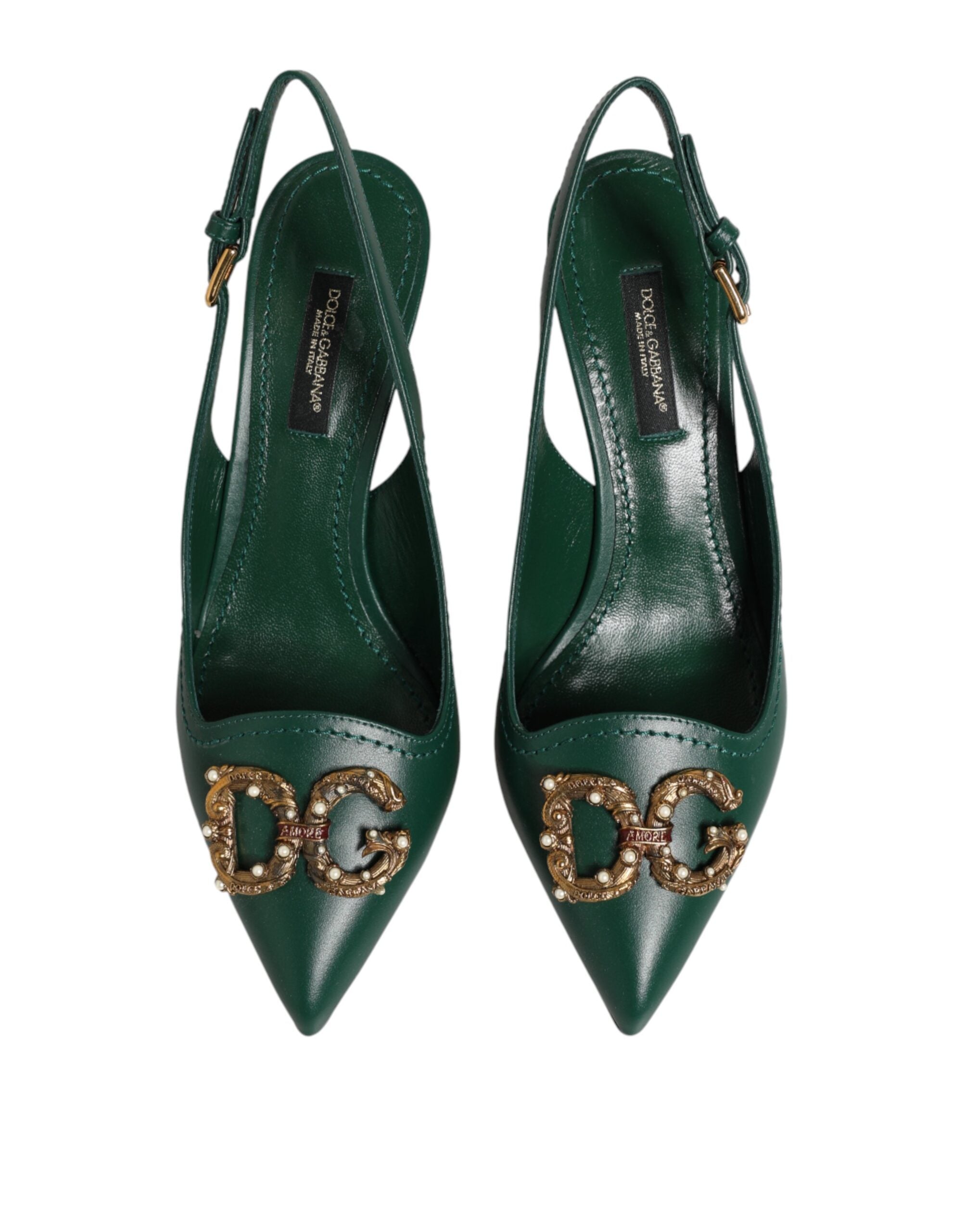 Green Leather AMORE Heels Slingbacks Shoes