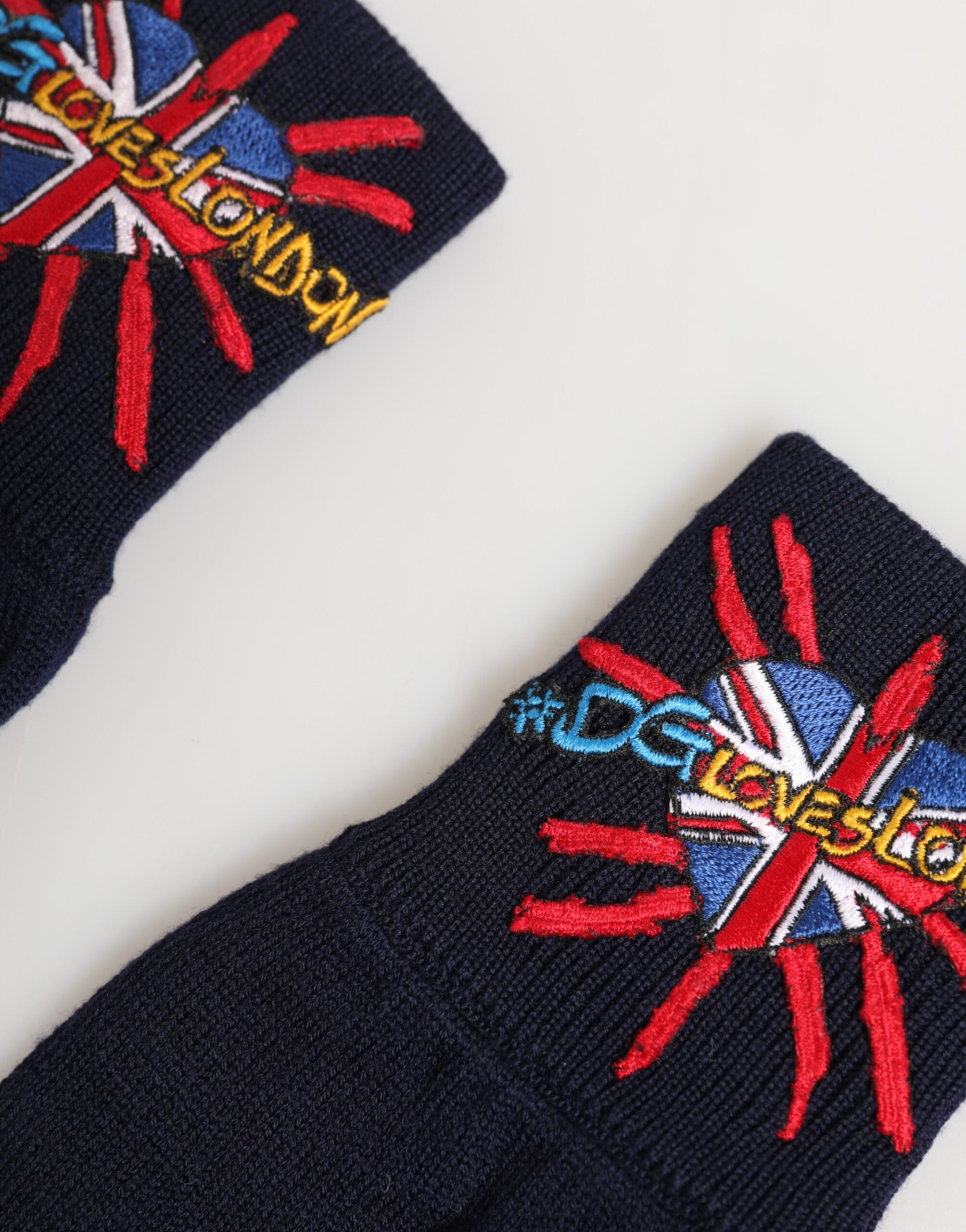 Blue Wool Knit #DGLovesLondon Embroidered Mitten Gloves