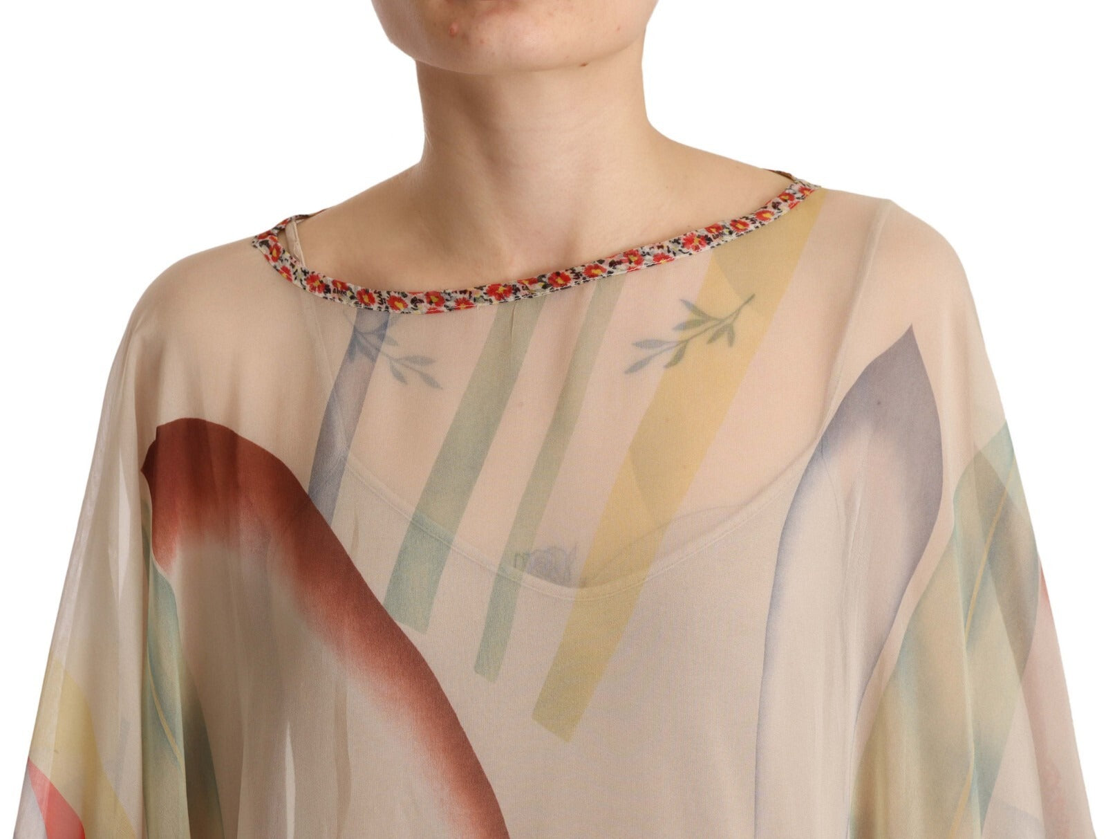 Silk Multicolor Printed Poncho Long Sleeves Women Blouse Top