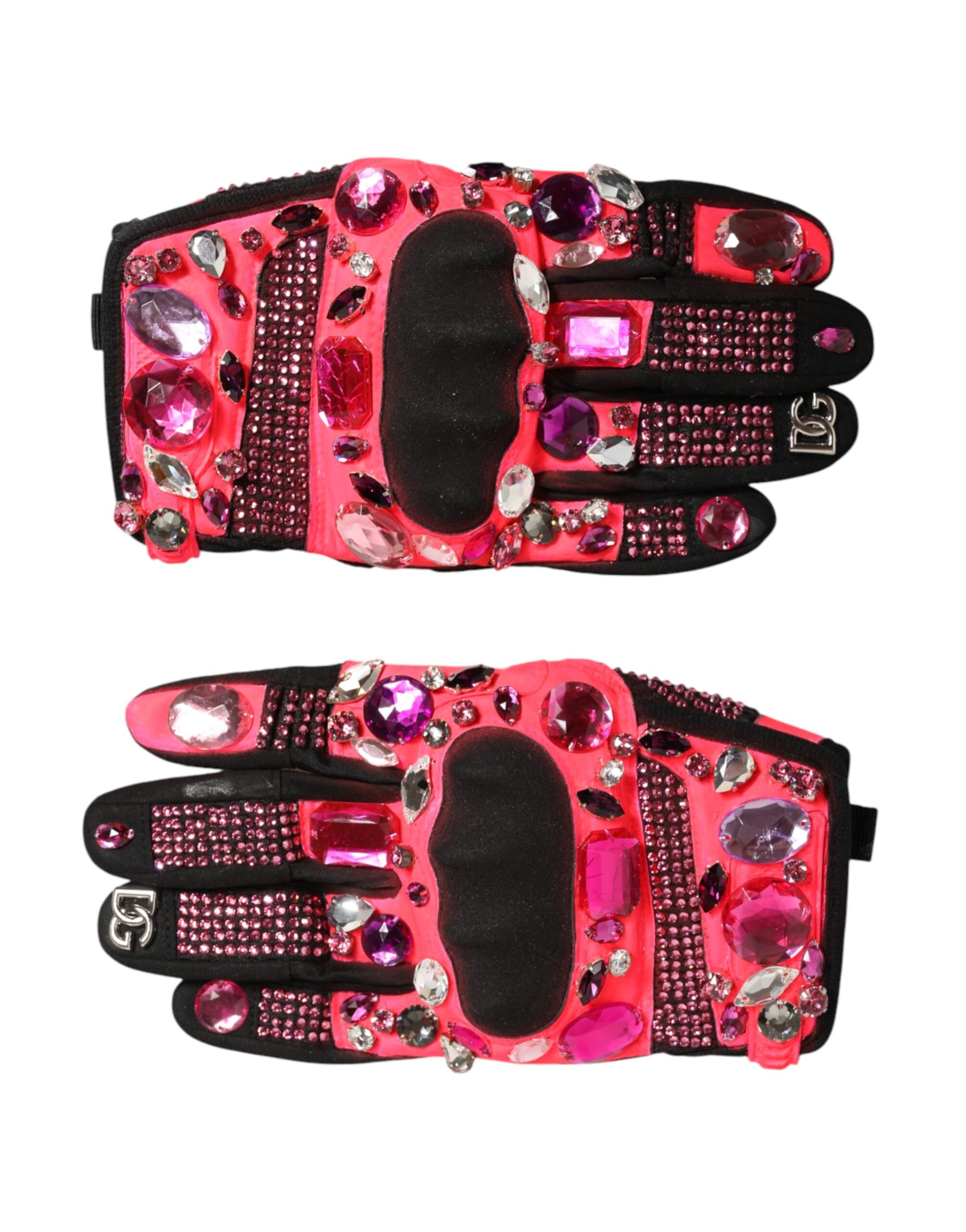 Black Pink Crystal Wrist Length Mitten Gloves