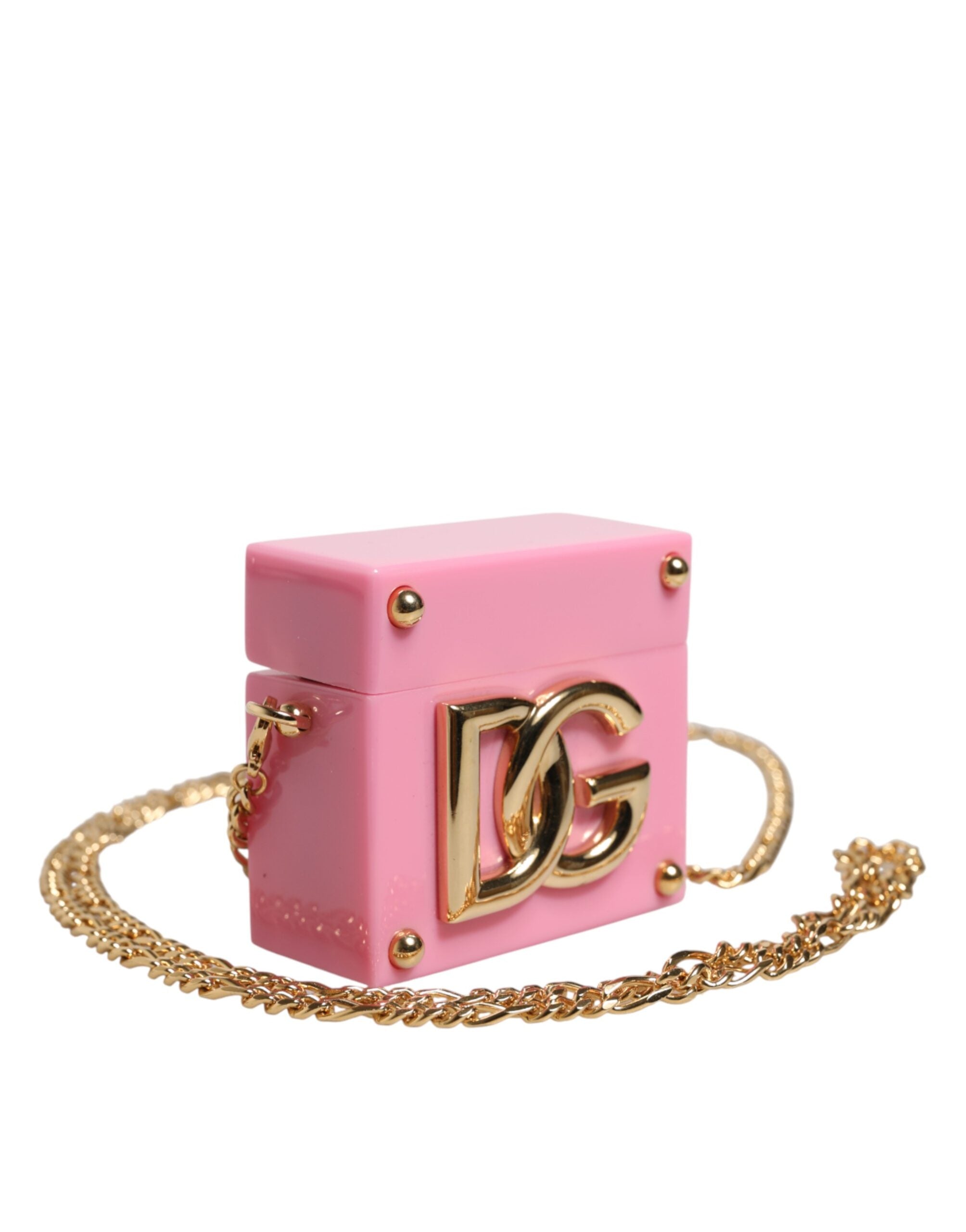 Pink DG Logo Plaque Cover Gold Chain Airpods Case
