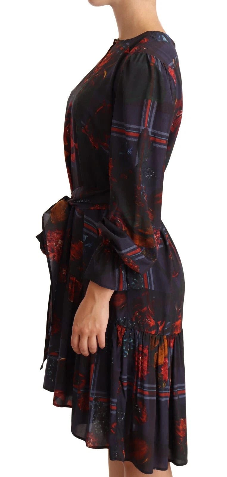 A-line Navy Blue Floral Silk Long Sleeve Knee Length Dress