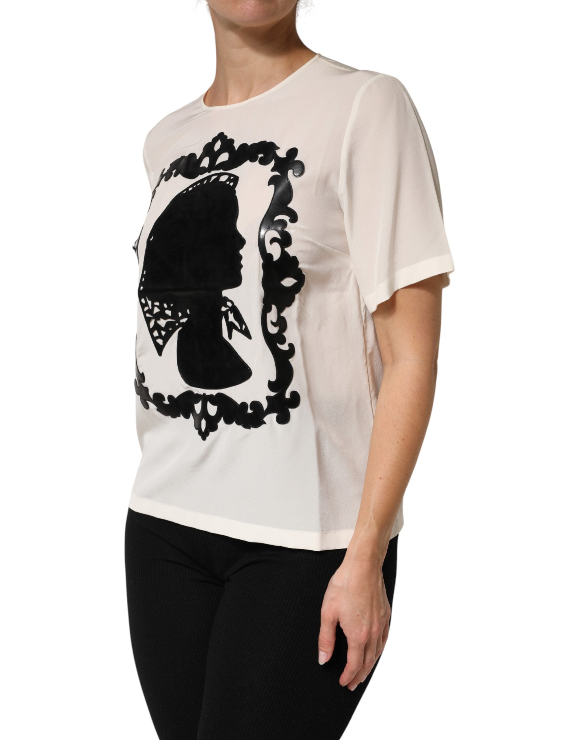 Cream Silk Silhouette Detail Short Sleeve Top