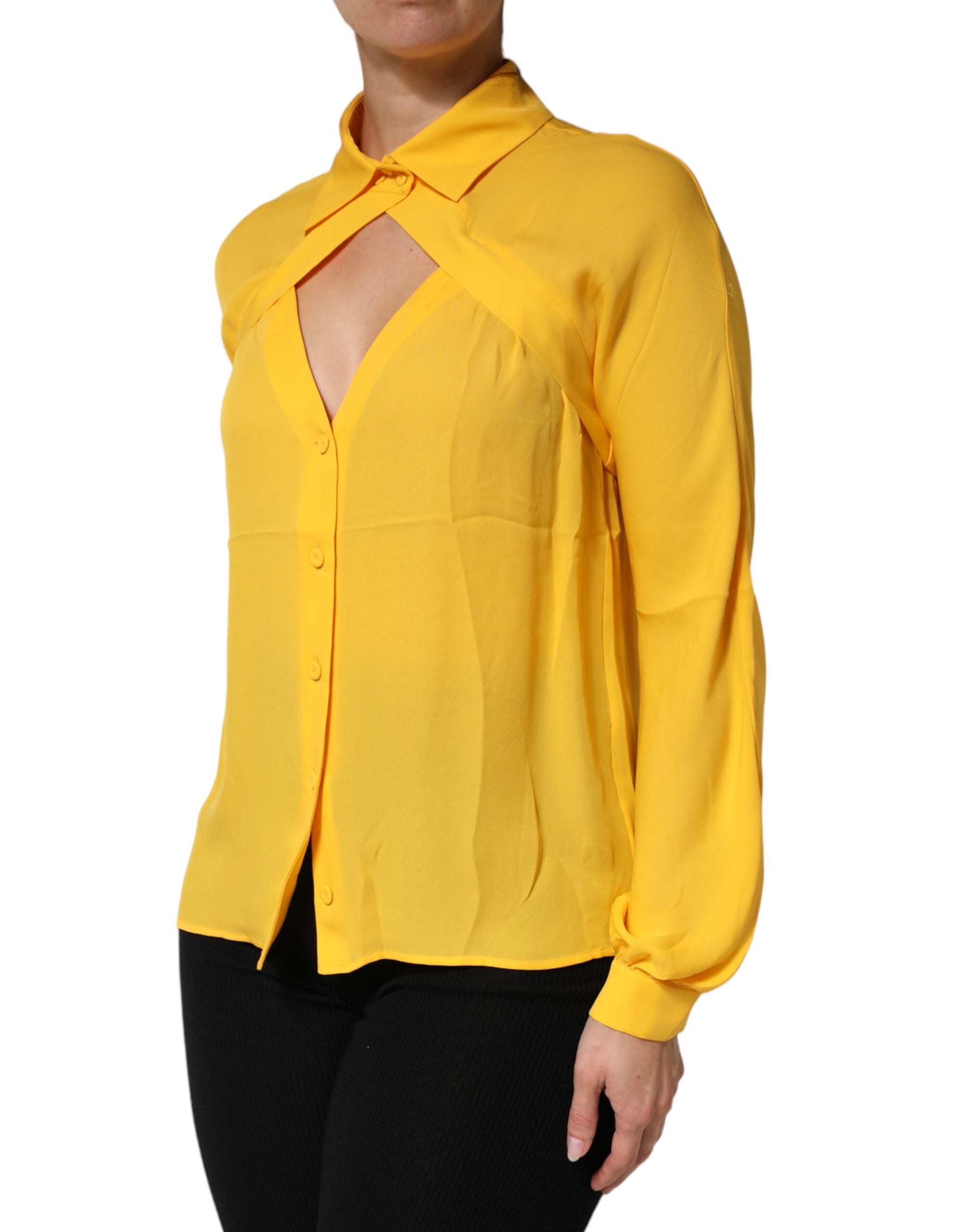 Yellow Silk Collared Long Sleeves Top