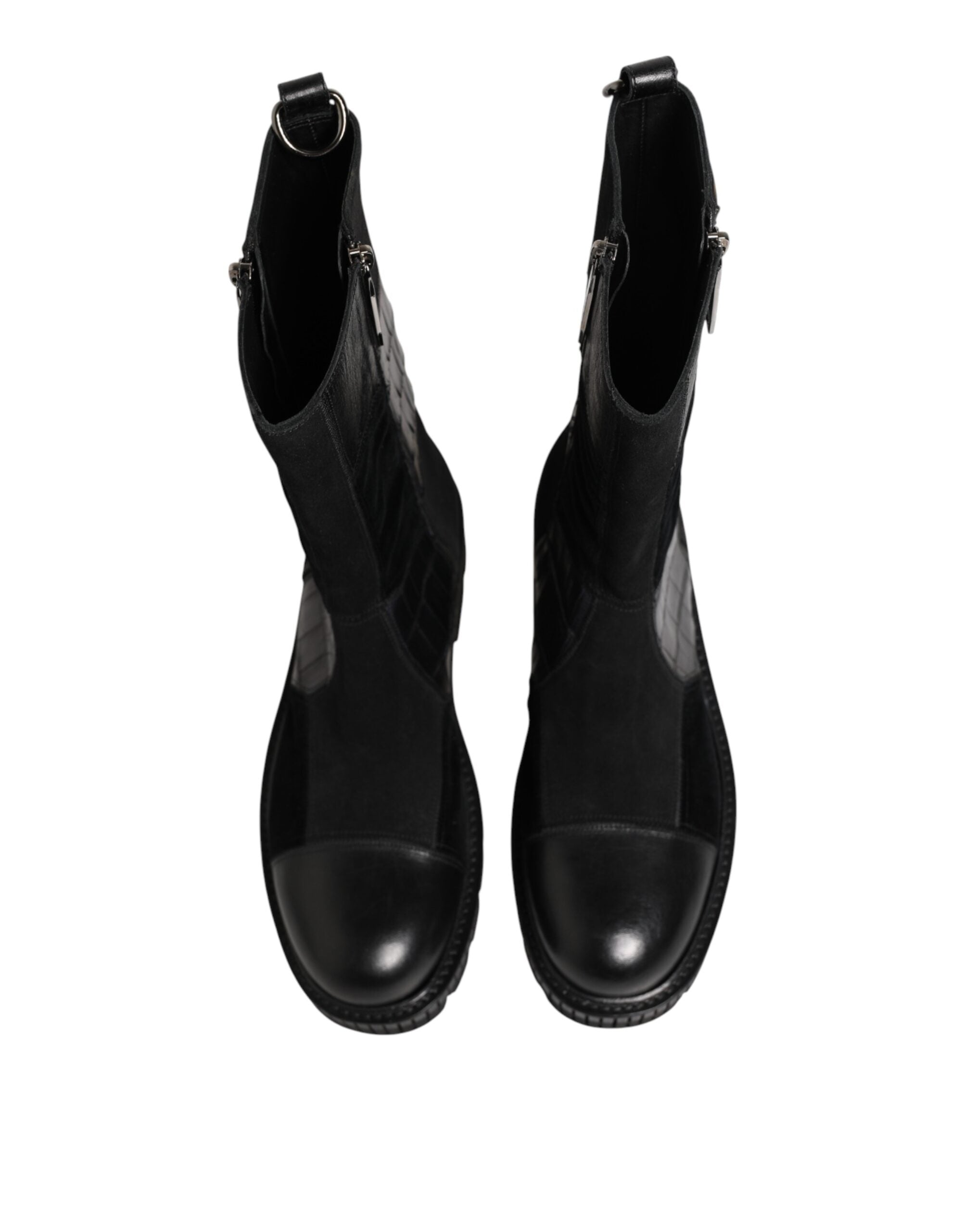 Black Patchwork Leather Mid Calf Boot Shoes