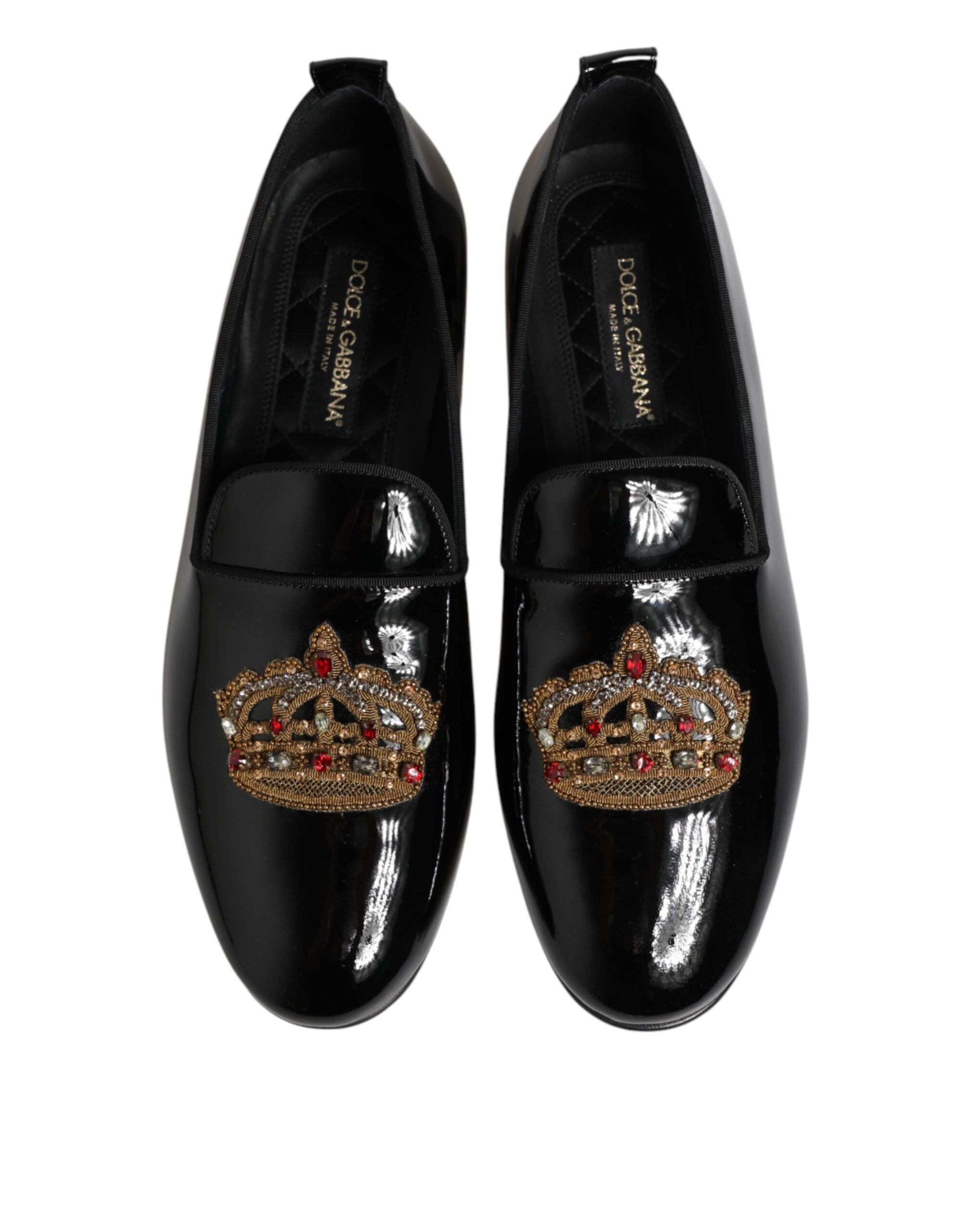 Black Leather Gold Crown Mens Loafers Shoes